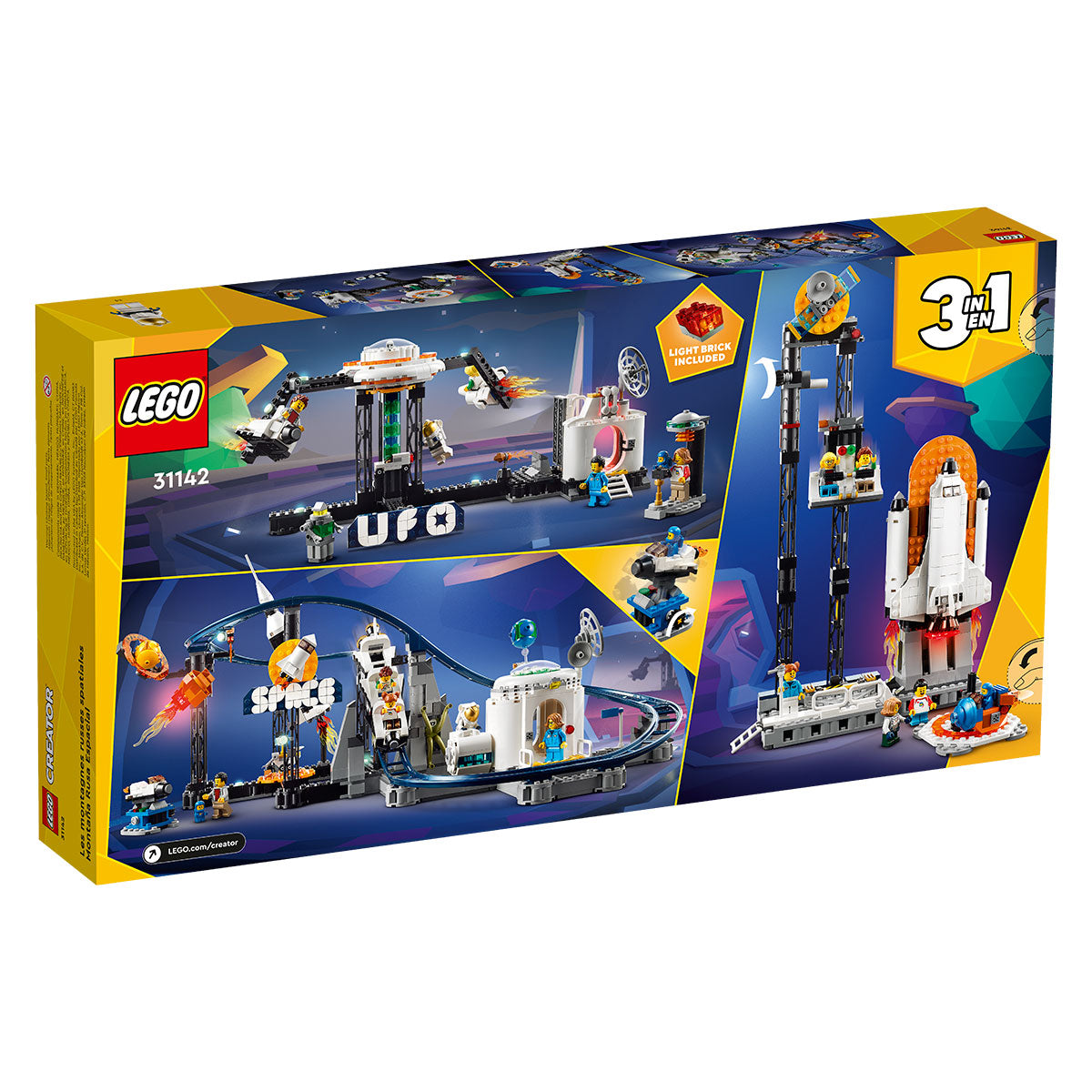 The LEGO® Space Roller Coaster by LEGO comes in bright yellow and blue packaging and offers three builds: a UFO-themed coaster, an amusement park ride for space fans, and a space shuttle launch pad.