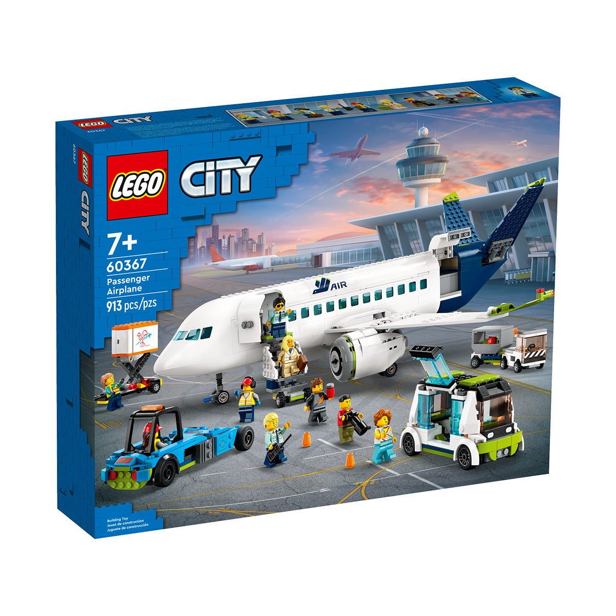 LEGO® City Passenger Airplane by BOEING (60367) box features a white airplane, airport vehicles, minifigures, and realistic airport scenery. This 913-piece set is perfect for ages 7+, encouraging imaginative play and letting builders discover the excitement of air travel with the LEGO® City Passenger Airplane.