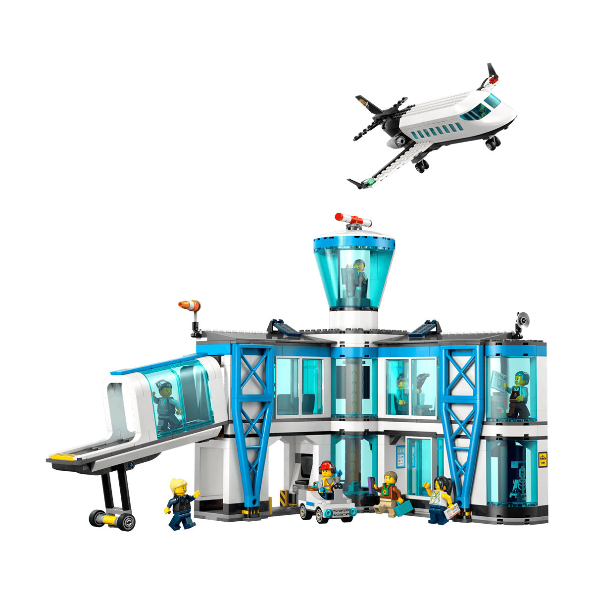 The LEGO® City Passenger Airplane by BOEING features a blue and white terminal, control tower, jet bridge, several minifigures, service vehicle, and a sleek white airplane—perfect for inspiring imaginative play and endless airport adventures.