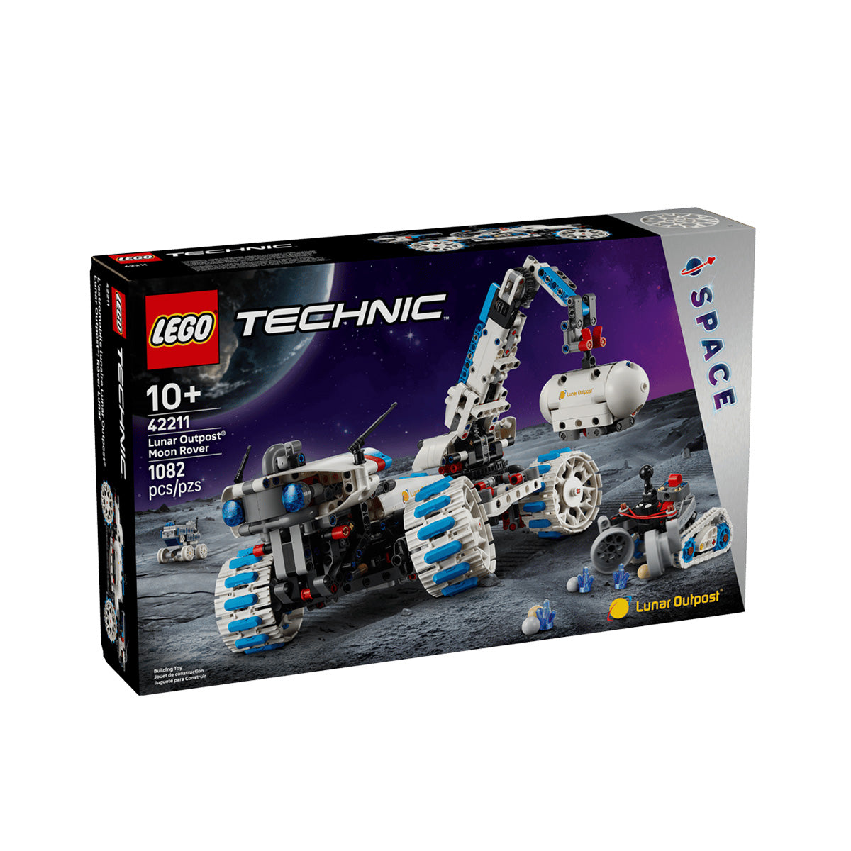 BOEING LEGO® Technic Lunar Outpost Moon Rover set box, showcasing a motorized Moon Rover traversing the lunar surface with Earth visible in the distance. This thrilling space vehicle construction set is designed for ages 10+ and includes 1,082 pieces—ideal for fans of the LEGO Technic Lunar Outpost series.