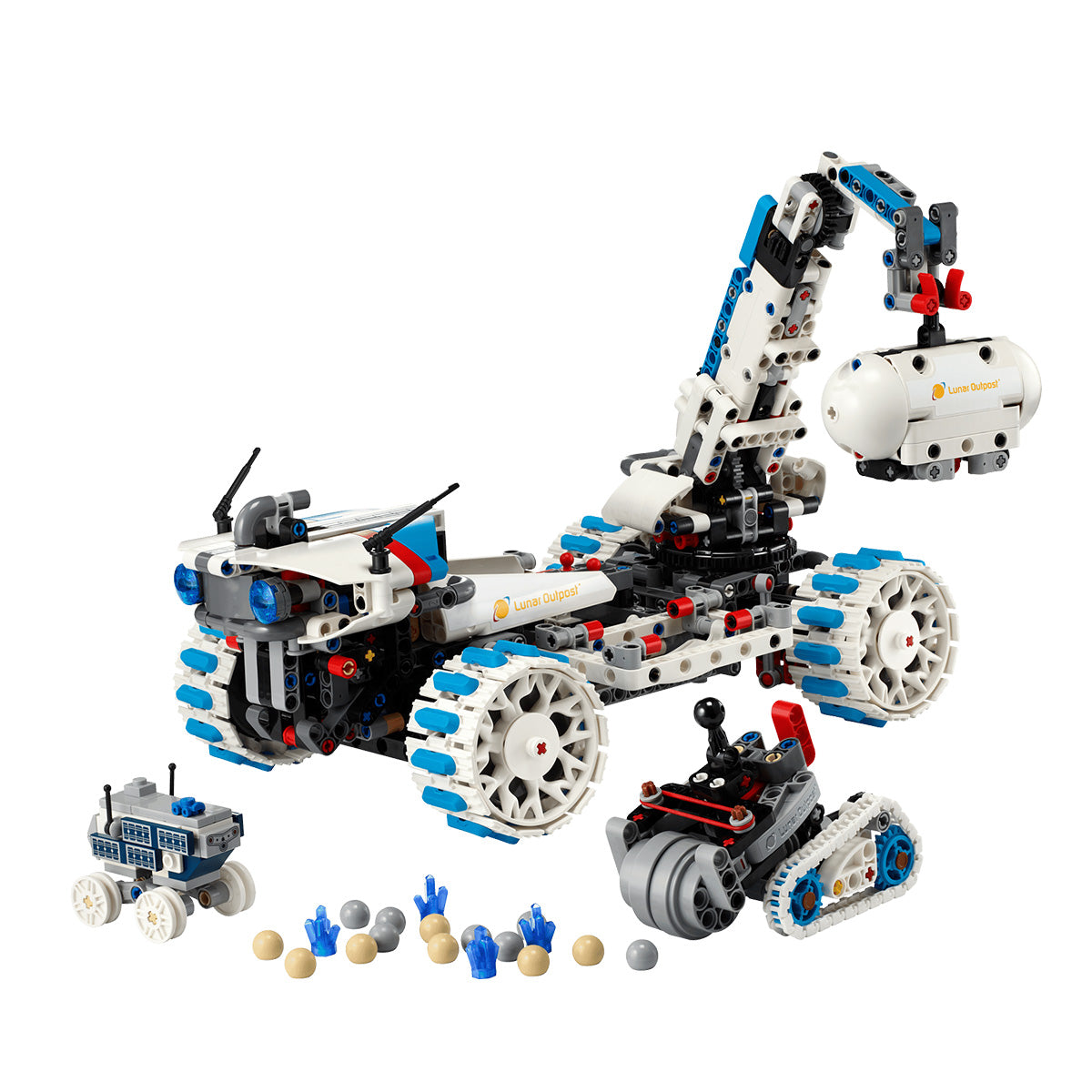 Build out your space adventures with the BOEING LEGO® Technic Lunar Outpost Moon Rover—a robotic rover featuring blue and white tracks, a mechanical arm gripping a tank, a small blue vehicle, a rolling robot, and scattered tan and blue ball pieces on a clean white background. This set is ideal for inspiring creative play or expanding your LEGO Technic Lunar Outpost with an authentic Moon Rover scene.
