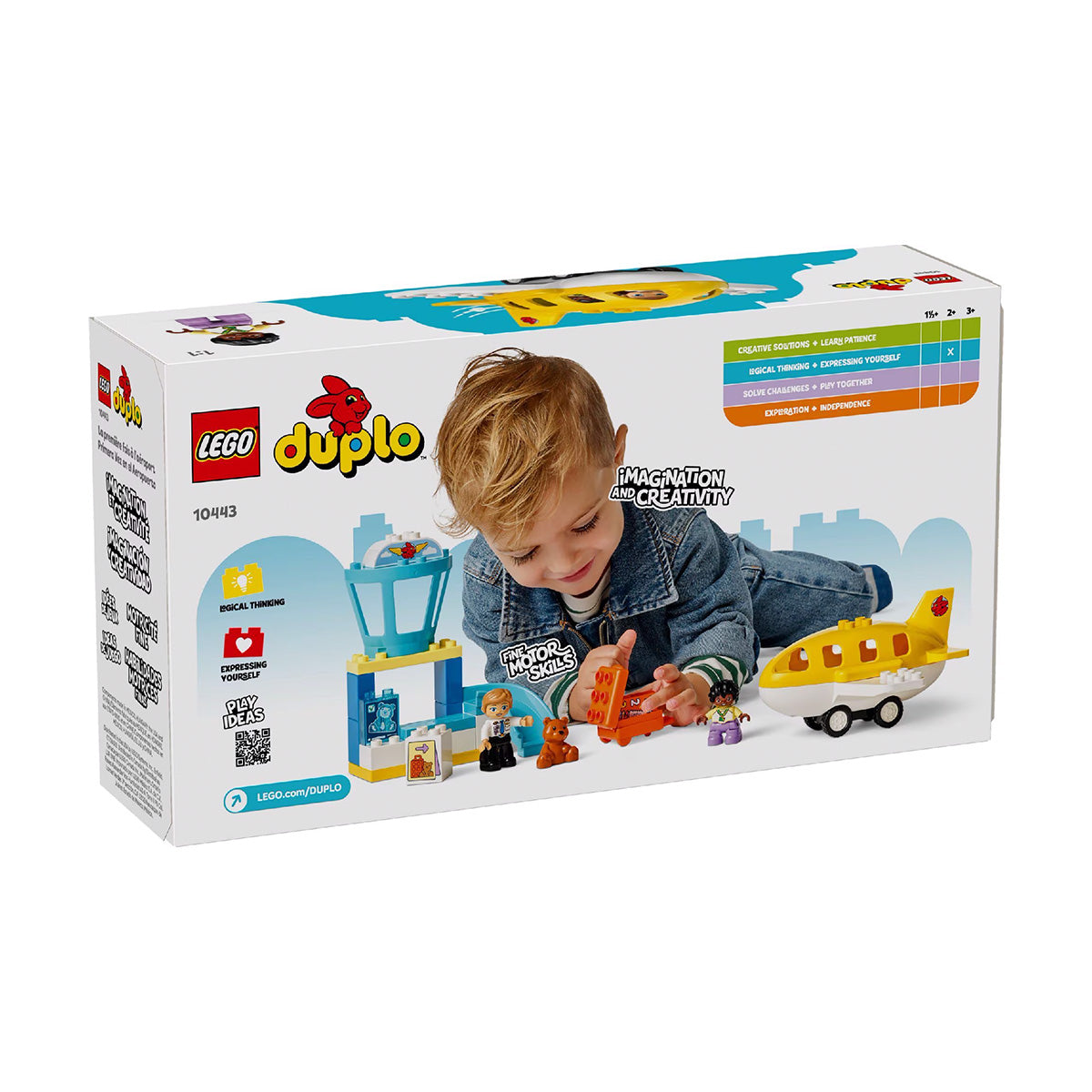 A BOEING LEGO® DUPLO® First Time At The Airport set box displays a cheerful child enjoying airport-themed pieces, such as a yellow airplane, control tower, and minifigures. With its vibrant colors and an age recommendation of 2+, this set is the ideal choice for toddlers experiencing their first time at the airport.