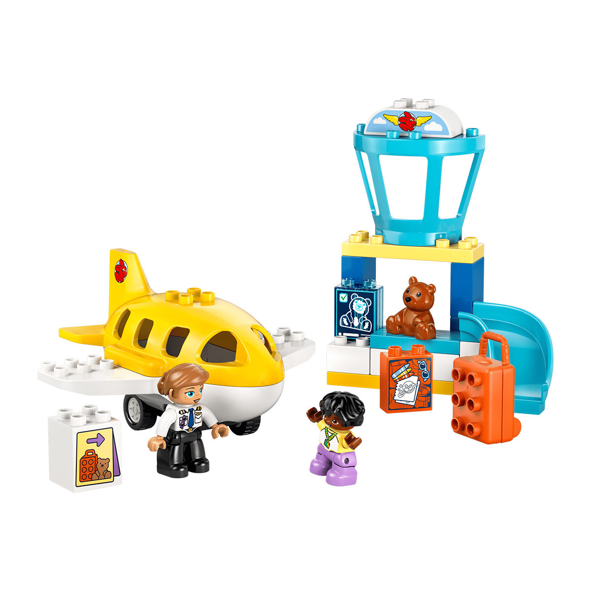 Here’s a rewritten version using your product data: The LEGO® DUPLO® First Time At The Airport set by BOEING features a yellow airplane, control tower, two mini-figures, a suitcase, and accessories like a teddy bear, ticket and baggage signs—everything your toddler needs for imaginative play with their very own airport set on a white background.