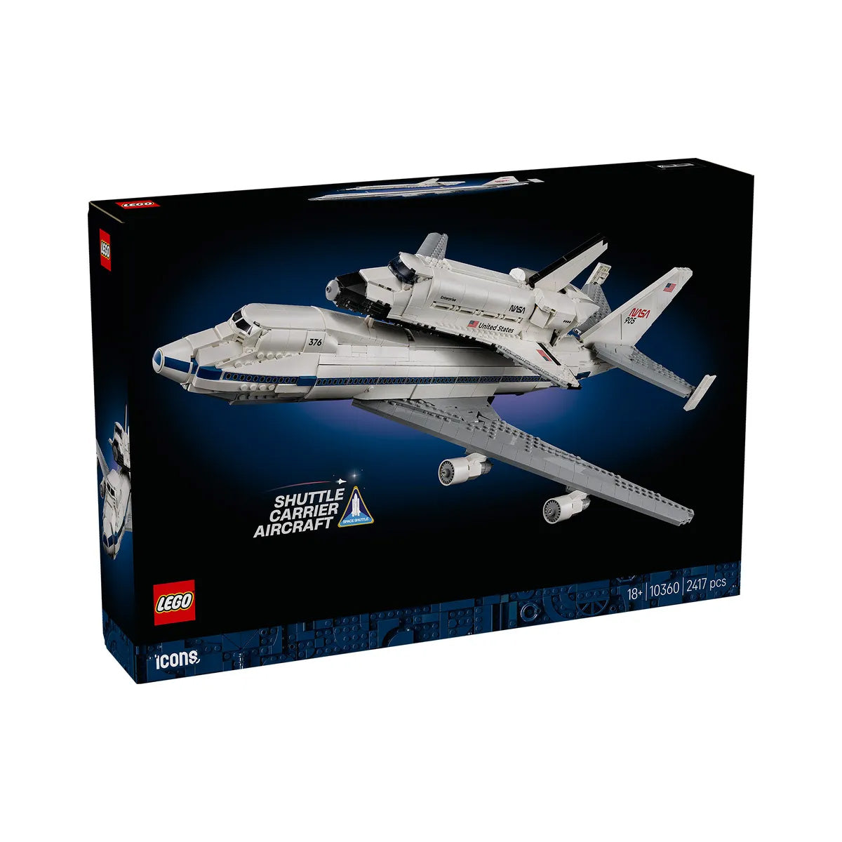 The LEGO® Shuttle Carrier Aircraft set box showcases a detailed model of the BOEING shuttle carrier aircraft with the NASA Space Shuttle Enterprise mounted on top, all set against a striking dark blue background. This impressive set, number 10391, contains 2,487 pieces.
