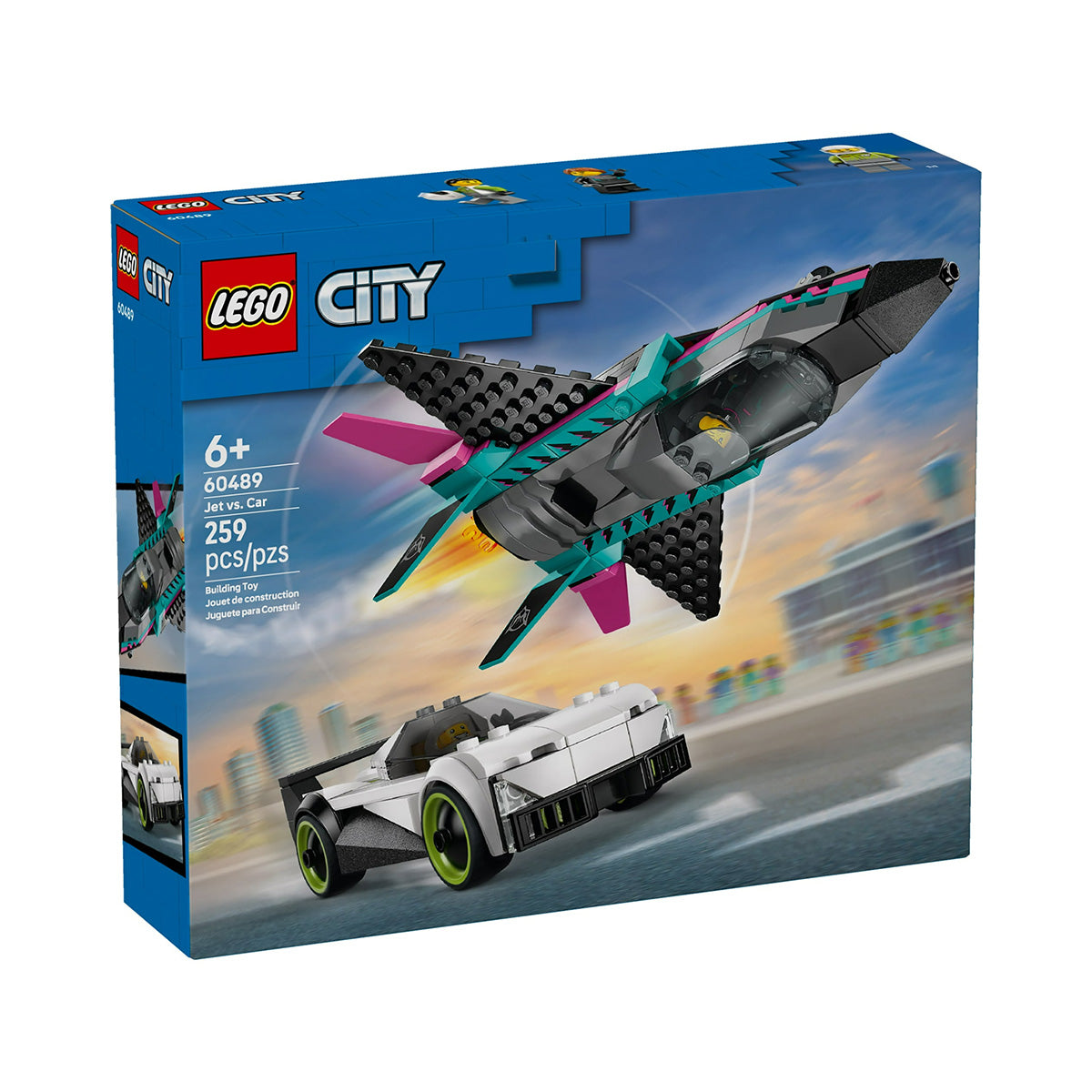 The LEGO® Jet vs. Car set by BOEING features an action-packed racing playset with a sleek white supercar and a bold black and teal supersonic jet. With 259 pieces designed for ages 6 and up, the box displays the set against a vibrant cityscape backdrop.
