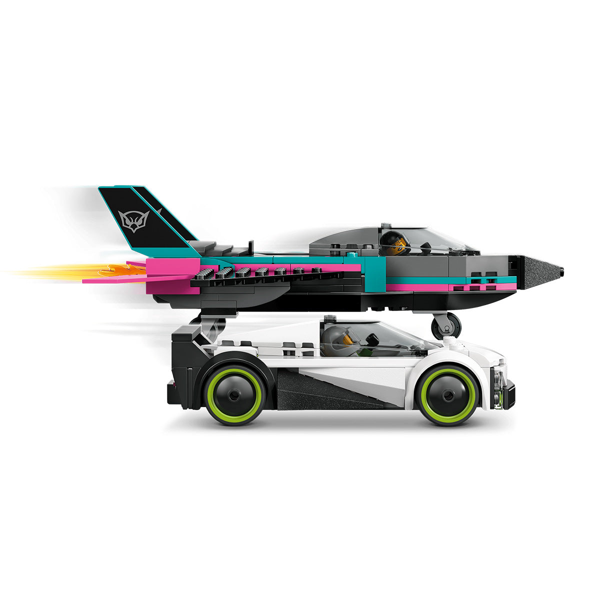 A BOEING LEGO® Jet vs. Car set showcases a toy jet with a fiery flame trail stacked atop a white sports car, both constructed from LEGO-style bricks for an exciting, action-packed display. Each vehicle offers seating for two mini-figures, inviting kids to create high-speed races between the supersonic jet and powerful supercar.