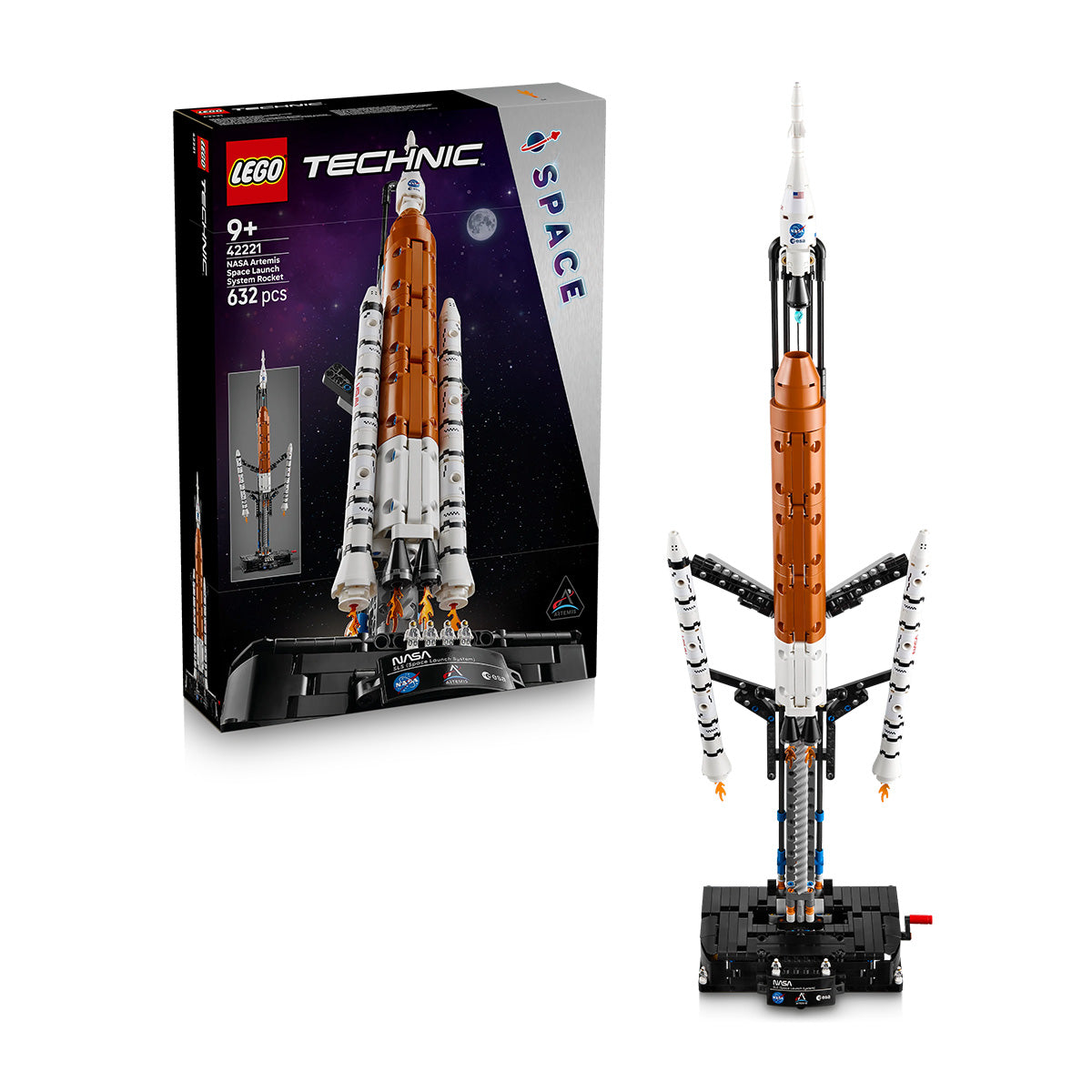 A BOEING LEGO NASA Artemis Space Launch System model stands assembled by its box, showing a space launch. Ideal for space fans ages 9+, it features 632 pieces and both NASA and BOEING logos.