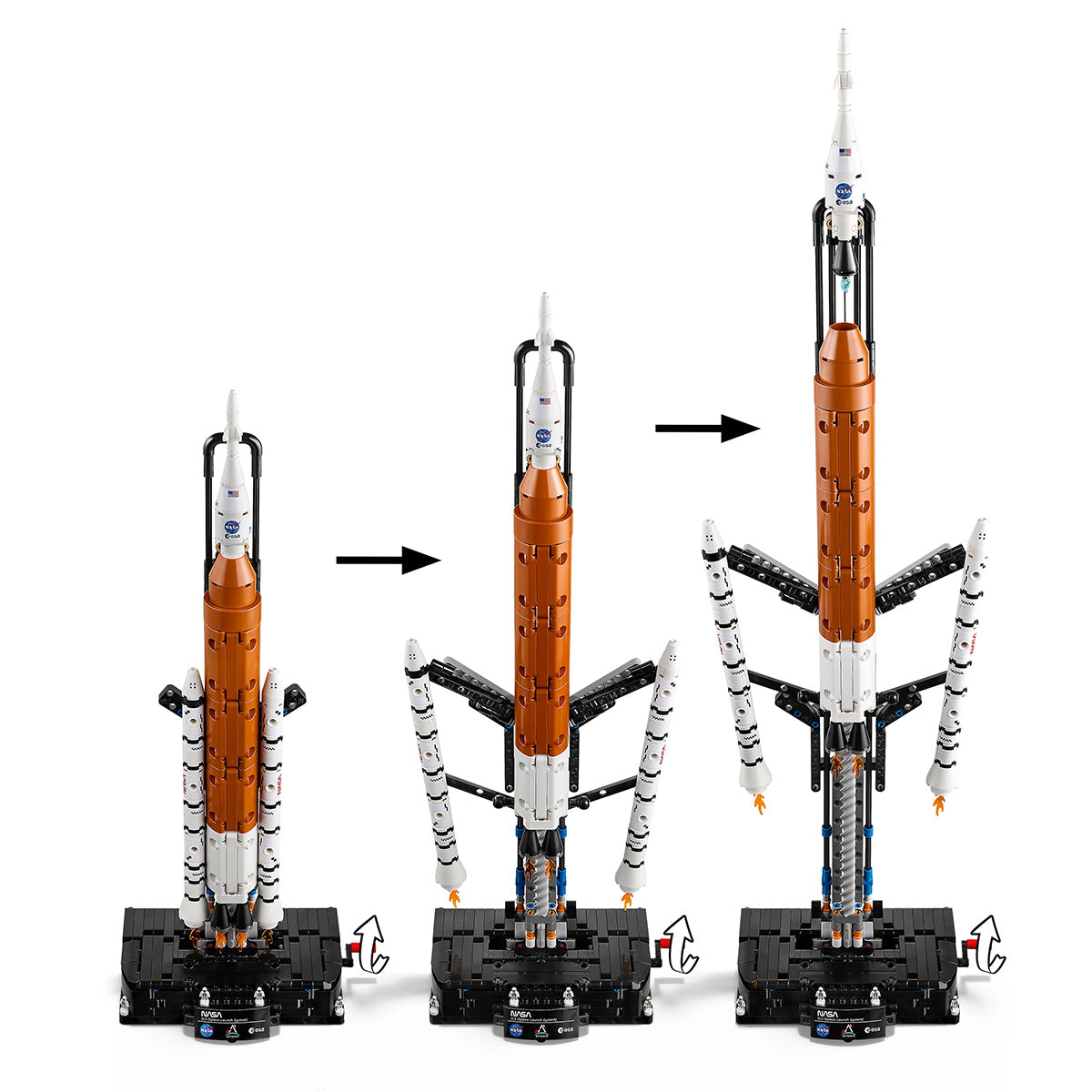 The LEGO NASA Artemis Space Launch System by BOEING is shown in three launch stages, side by side. Black arrows highlight the sequence from fully assembled to fully extended with arms open—ideal for space fans and educational play.