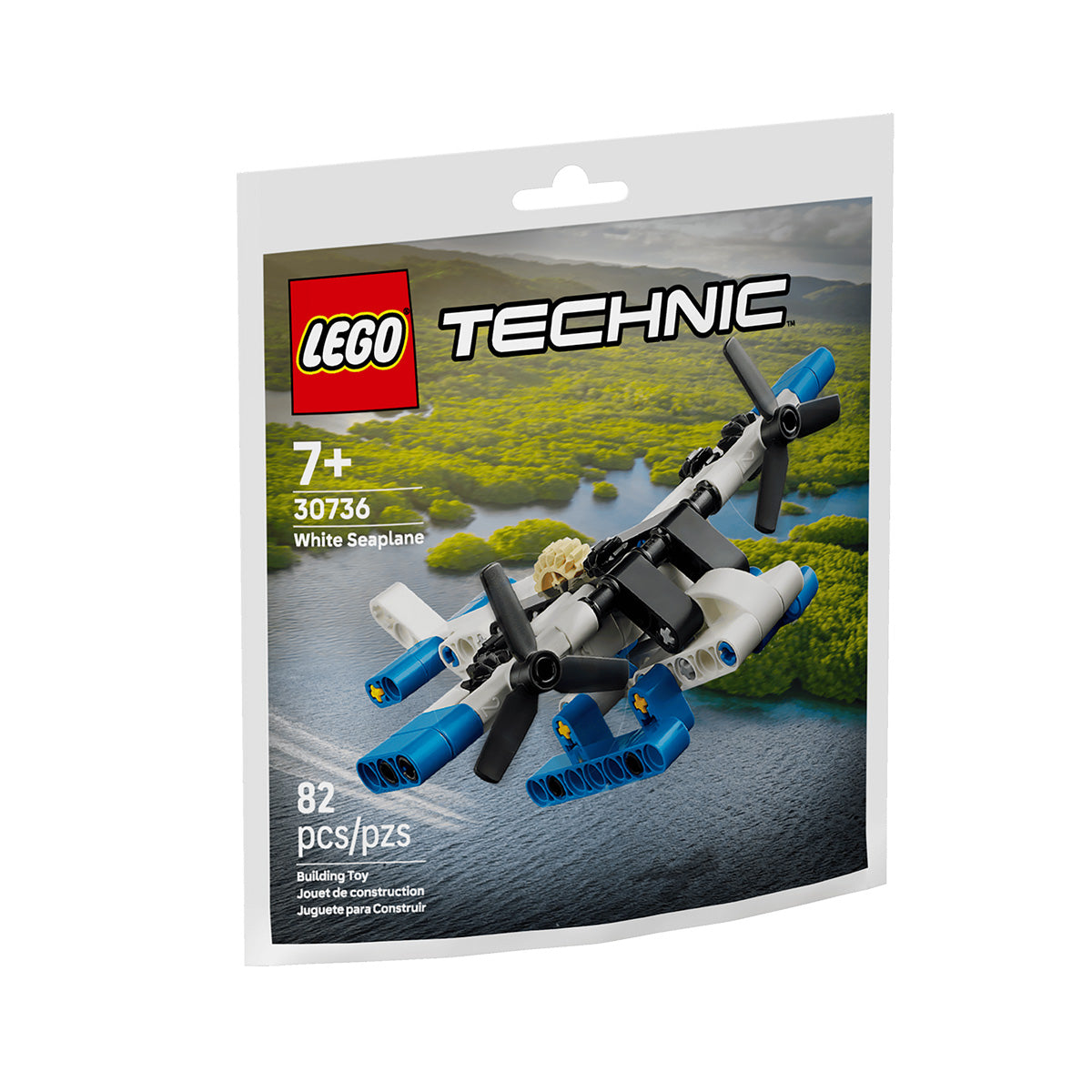 The LEGO® Technic White Seaplane by BOEING features a buildable seaplane model made from 82 blue and white pieces, including two propellers. Designed for ages 7 and up, this set encourages mechanical learning as children assemble their own seaplane, with packaging depicting the model flying over a scenic lake and forest backdrop.