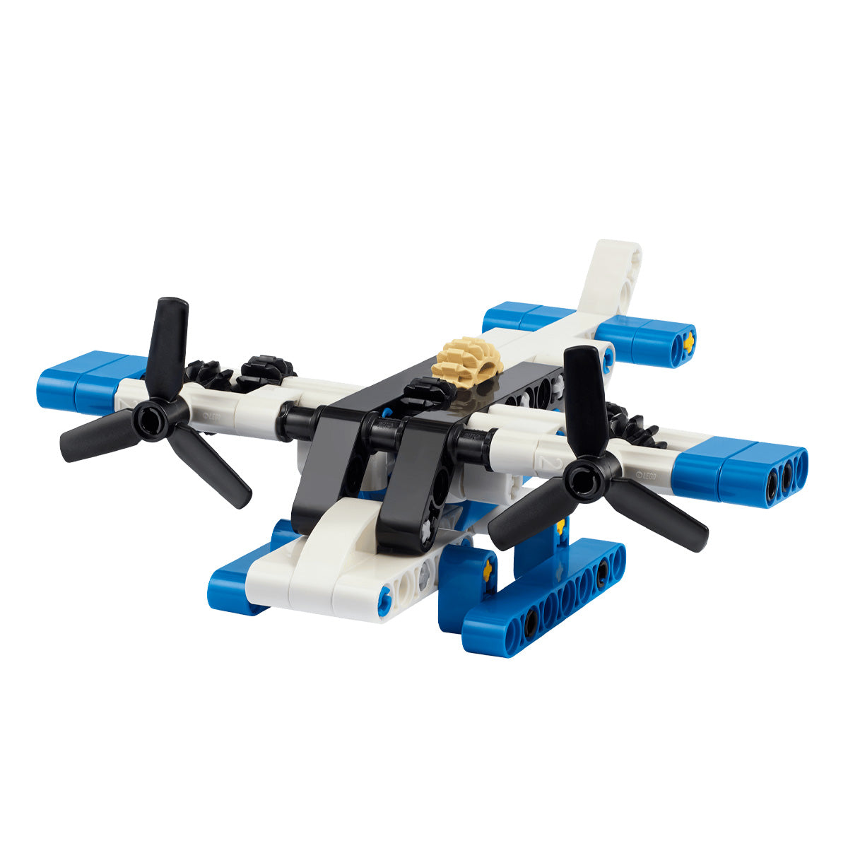 The BOEING LEGO® Technic White Seaplane is a small toy aircraft constructed from blue, white, and black interlocking building bricks. It features two rotating black propellers on its wings and a beige gear on top—an ideal set for build-and-play fun that inspires mechanical learning.