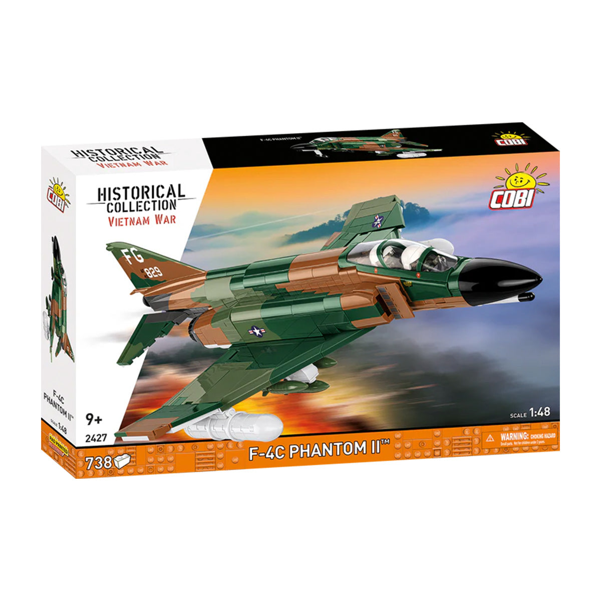 The COBI F-4C Phantom II by BOEING features the iconic Vietnam War jet from the Historical Collection, includes 738 pieces, and is built to 1:48 scale. The box shows the model soaring in flight.