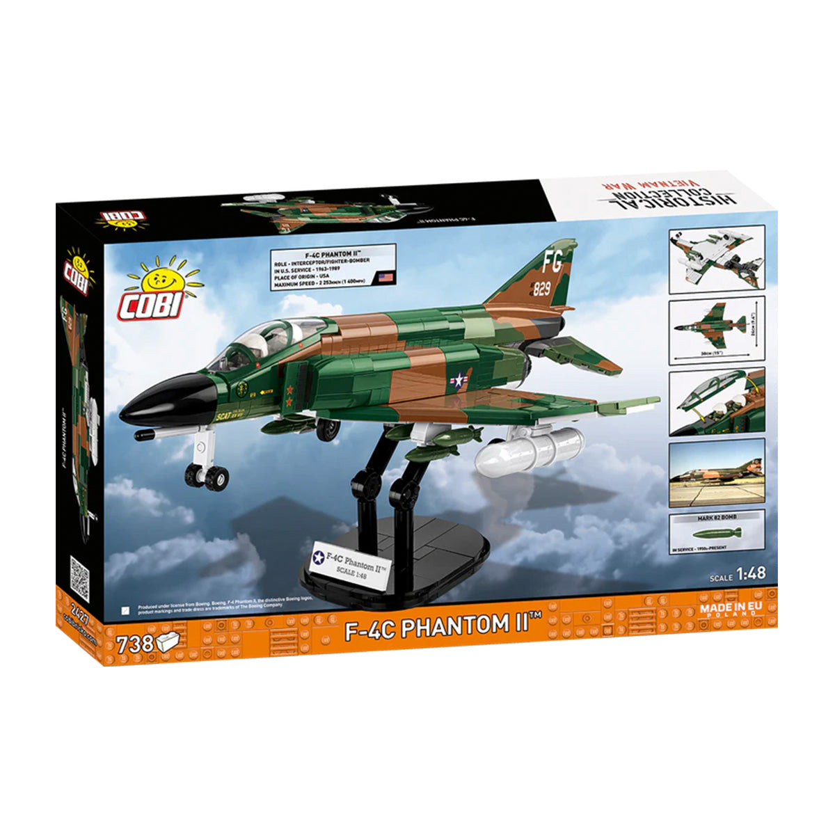 Box of the BOEING COBI F-4C Phantom II set with an assembled green and brown camo jet on a stand, plus images showing various features. The set contains 738 pieces.