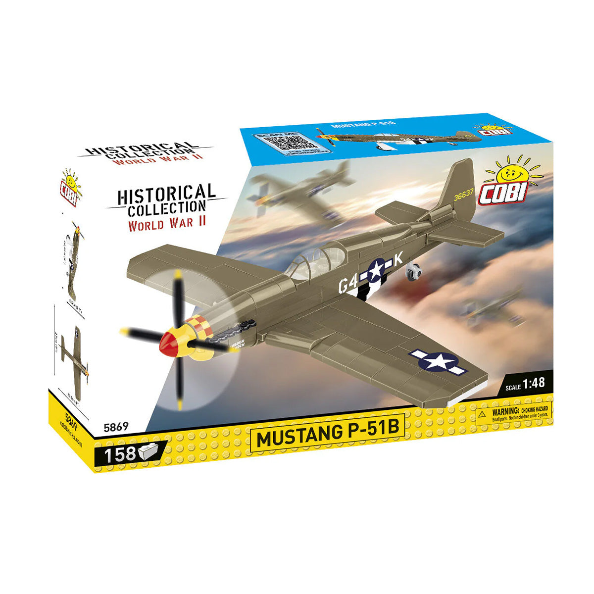 The COBI Mustang P-51B by BOEING features an illustrated box with G4-K markings and U.S. star insignia, showcasing aviation history and set details—a must-have for aircraft model fans.