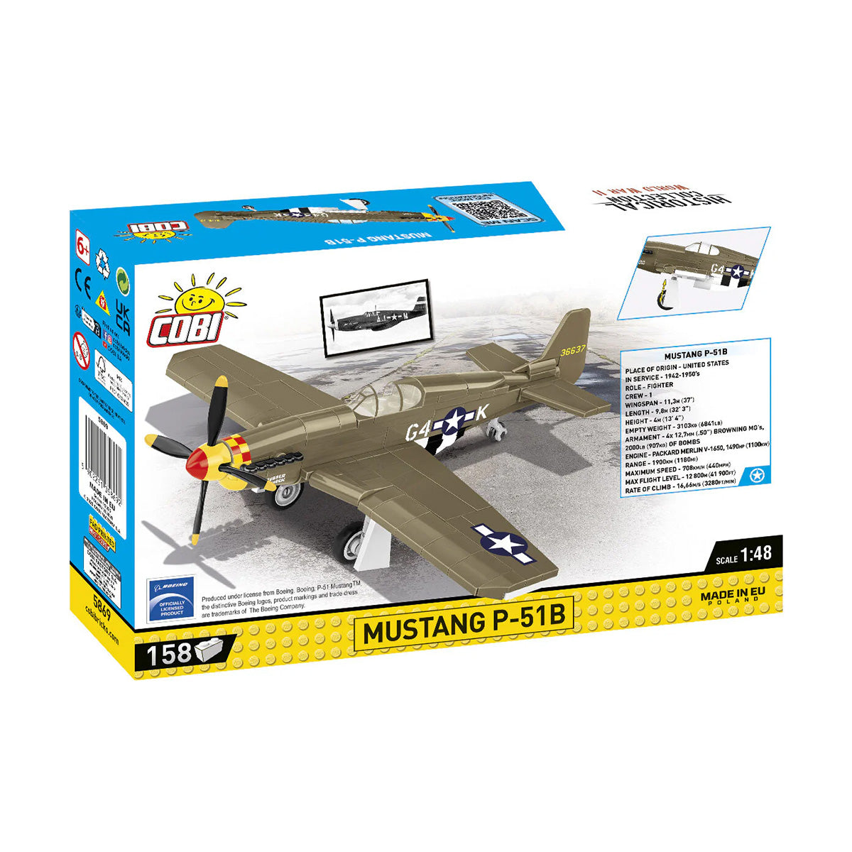 Box of the BOEING COBI Mustang P-51B building set at 1:48 scale. Features set 2537 with 158 pieces, WWII graphics, and English details—ideal for aviation history fans.