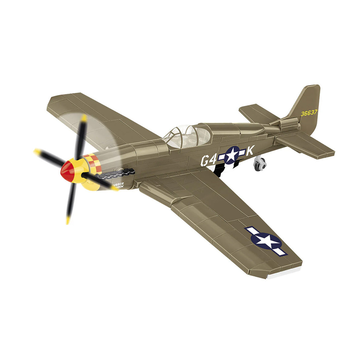 The COBI Mustang P-51B by BOEING features an olive green body, spinning propeller, and U.S. Air Force insignia on both the wing and fuselage, making it a detailed tribute to aviation history.
