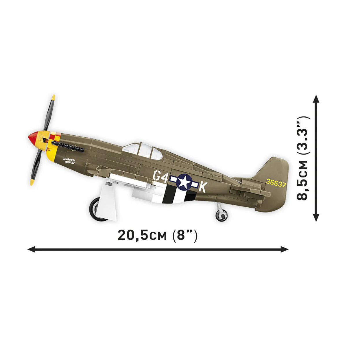 The COBI Mustang P-51B by BOEING features green and yellow markings, US Air Force insignia, and labels G4-K and 3637. At 20.5 cm long and 8.5 cm high, it’s ideal for aviation history fans.