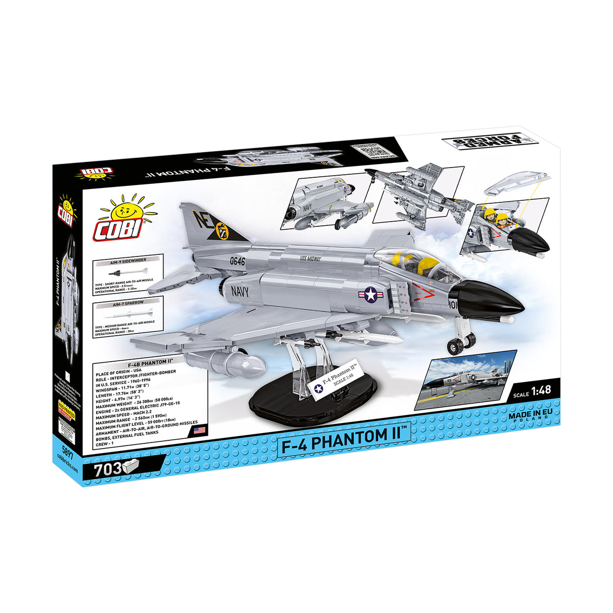 Box of a BOEING COBI F-4 Phantom II construction set (1:48 scale) featuring navy markings, detailed cockpit and missiles, and highlighting its impressive 703-piece build.