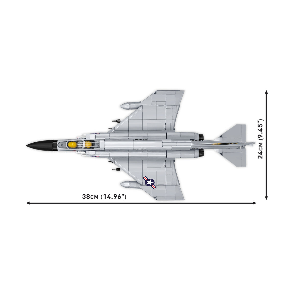 Top-down view of the BOEING COBI F-4 Phantom II at 1:48 scale, built from 703 pieces with US Air Force insignia; measures 38 cm long and 24 cm wide, with dimensions indicated by arrows.