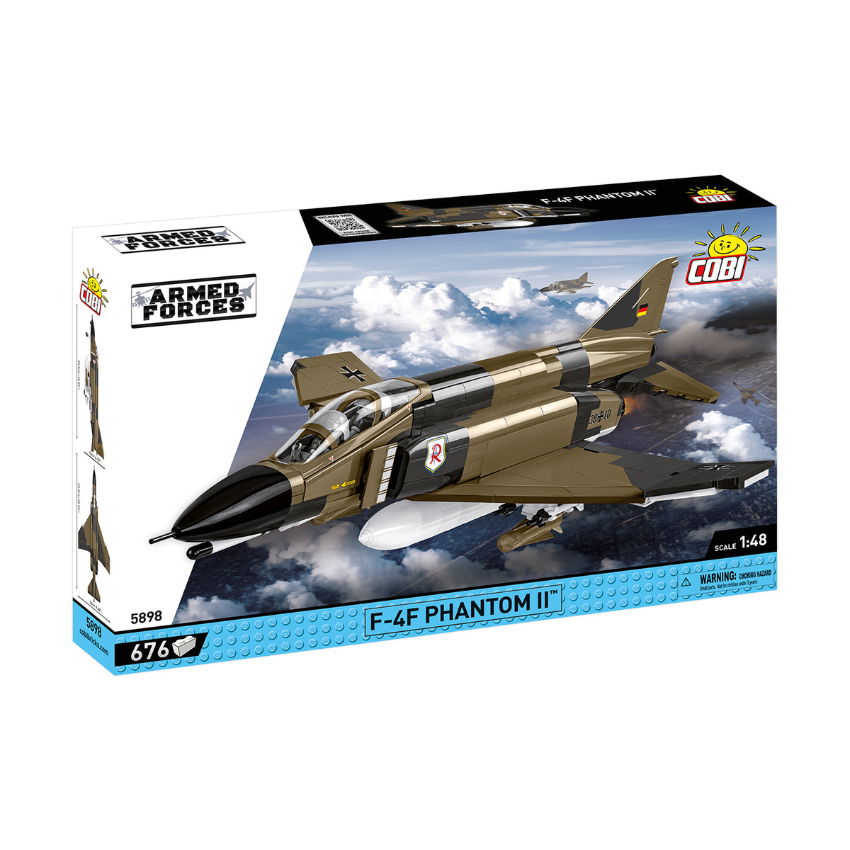 The BOEING COBI F-4F Phantom II set box features the assembled 1:48 scale supersonic jet soaring with another in the sky. This building set includes 676 pieces.