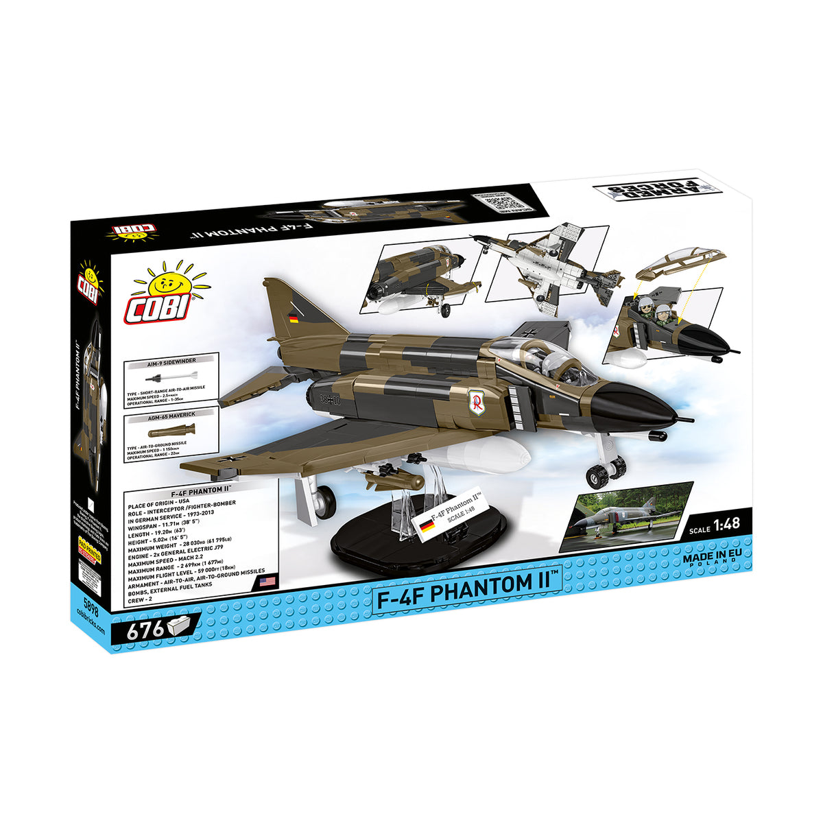 The COBI F-4F Phantom II by BOEING is a 676-piece model building set at 1:48 scale, with box images showcasing the assembled supersonic fighter jet from multiple angles.