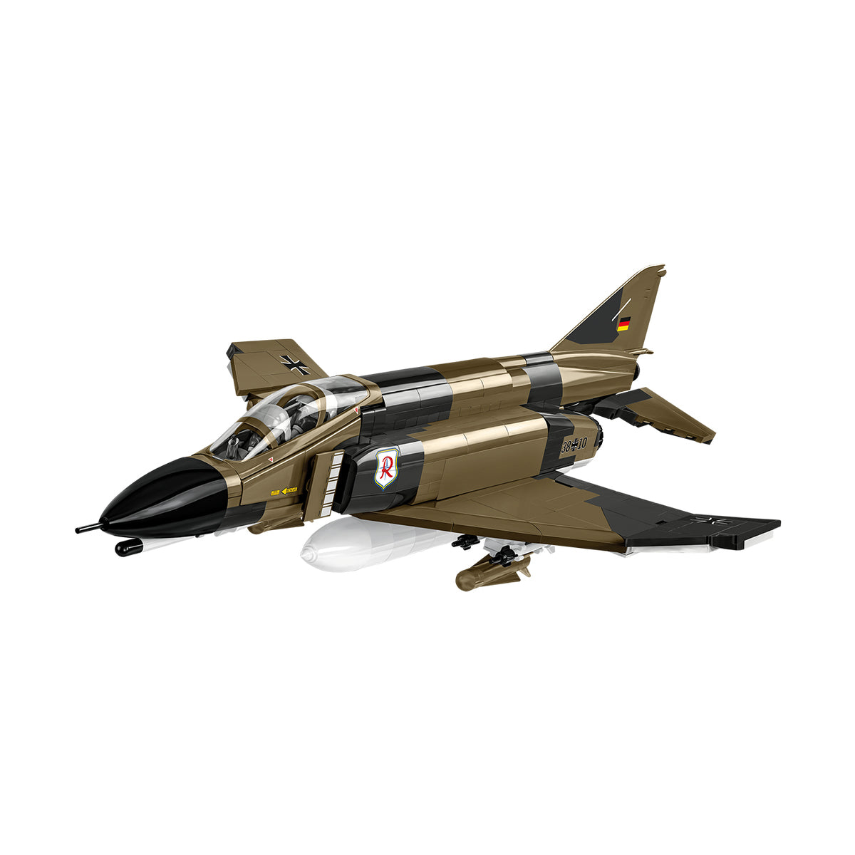 The COBI F-4F Phantom II by BOEING is a model of the classic NATO Cold War fighter, featuring tan, black, and gray camouflage, German Air Force tail markings, and wing-mounted missiles.