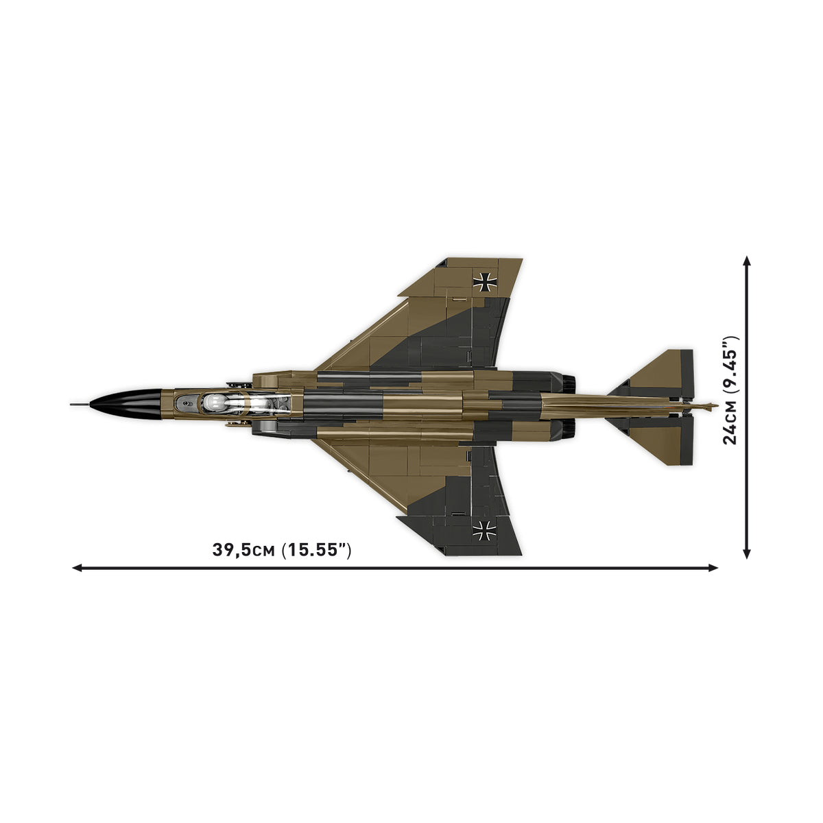 Top view of the COBI F-4F Phantom II by BOEING, featuring green and brown camouflage with black and white markings; the model measures 39.5 cm (15.55 in) long and 24 cm (9.45 in) wide.