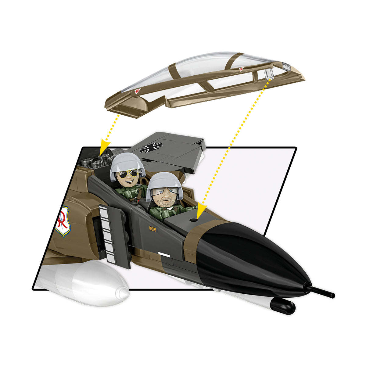 Illustration of the COBI F-4F Phantom II model jet by BOEING with an openable canopy. Two smiling toy pilots sit inside, and a yellow dashed line highlights the removable canopy and cockpit, inspired by the iconic supersonic fighter.