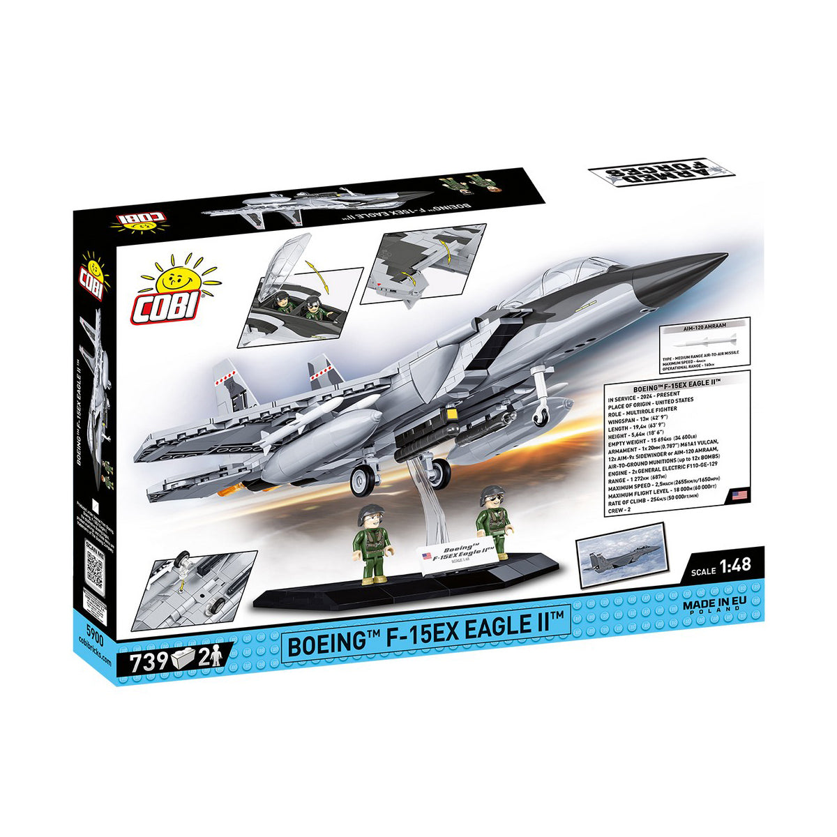 Box for the COBI Boeing F-15EX Eagle II by BOEING, displayed assembled with two pilot figures, detailed aircraft features, and product info including aviation scale model details, piece count, scale, and age recommendation.