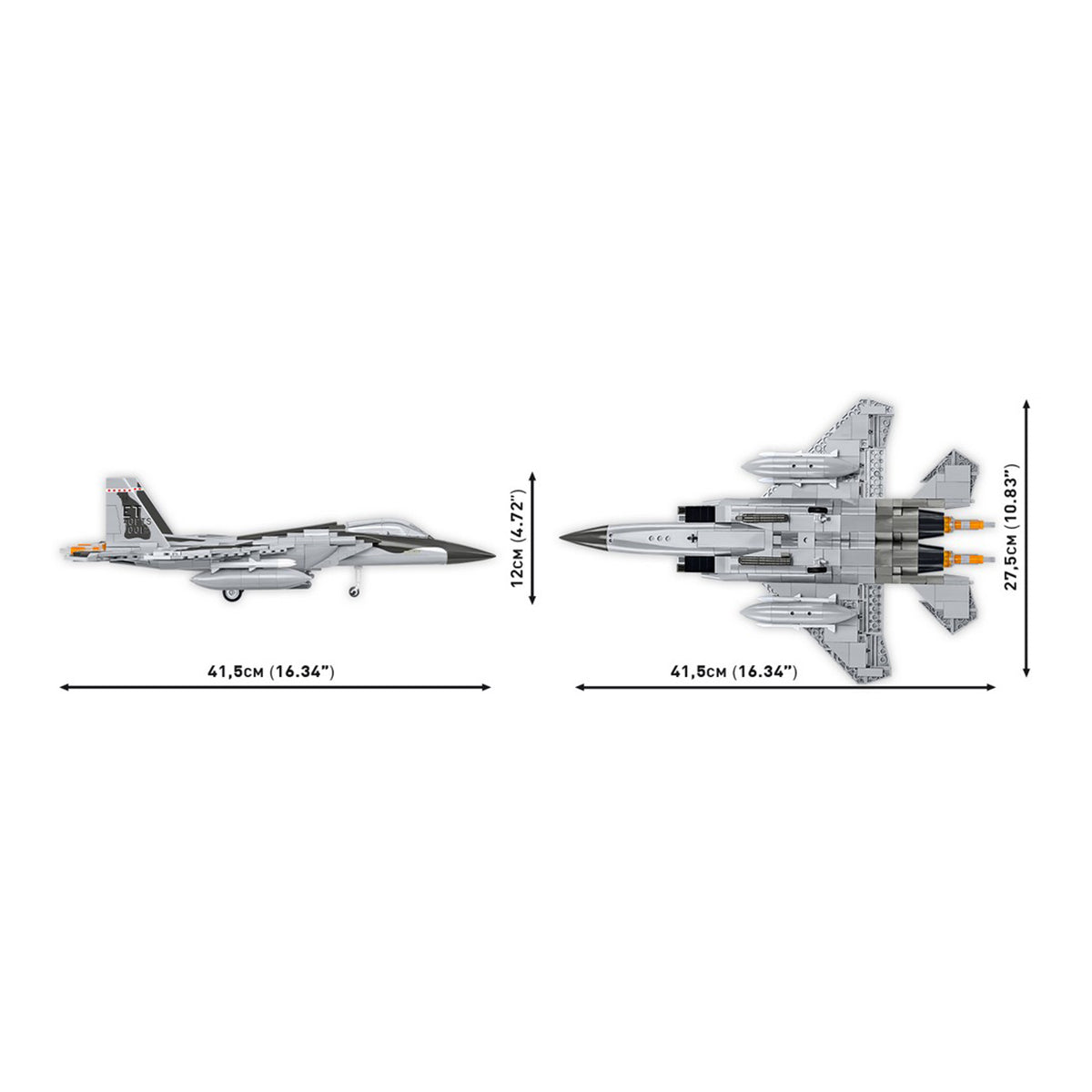 Top and side views of a gray COBI Boeing F-15EX Eagle II scale model by BOEING, measuring 41.5 cm long, 27.9 cm wide, and 12 cm high. Features include detailed markings and twin engines.