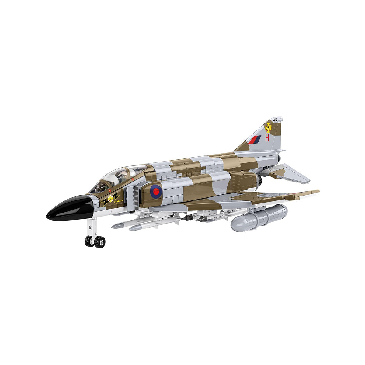 The COBI F-4M Phantom II by BOEING is a detailed model jet with camouflage, roundels, tail markings, missiles under the wings, and a black nose cone—an iconic British aircraft—shown against a white background.