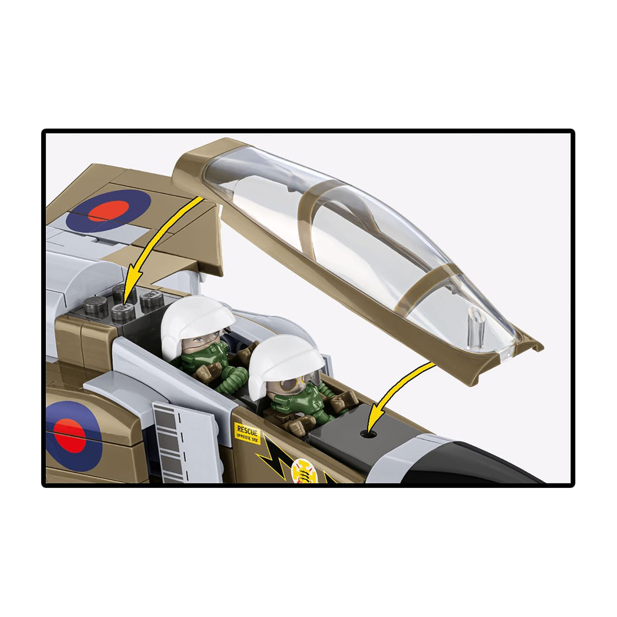 The COBI F-4M Phantom II by BOEING features a plastic jet cockpit with two toy pilots in white helmets and an open, removable canopy marked by yellow arrows—an iconic British aircraft model for collectors.