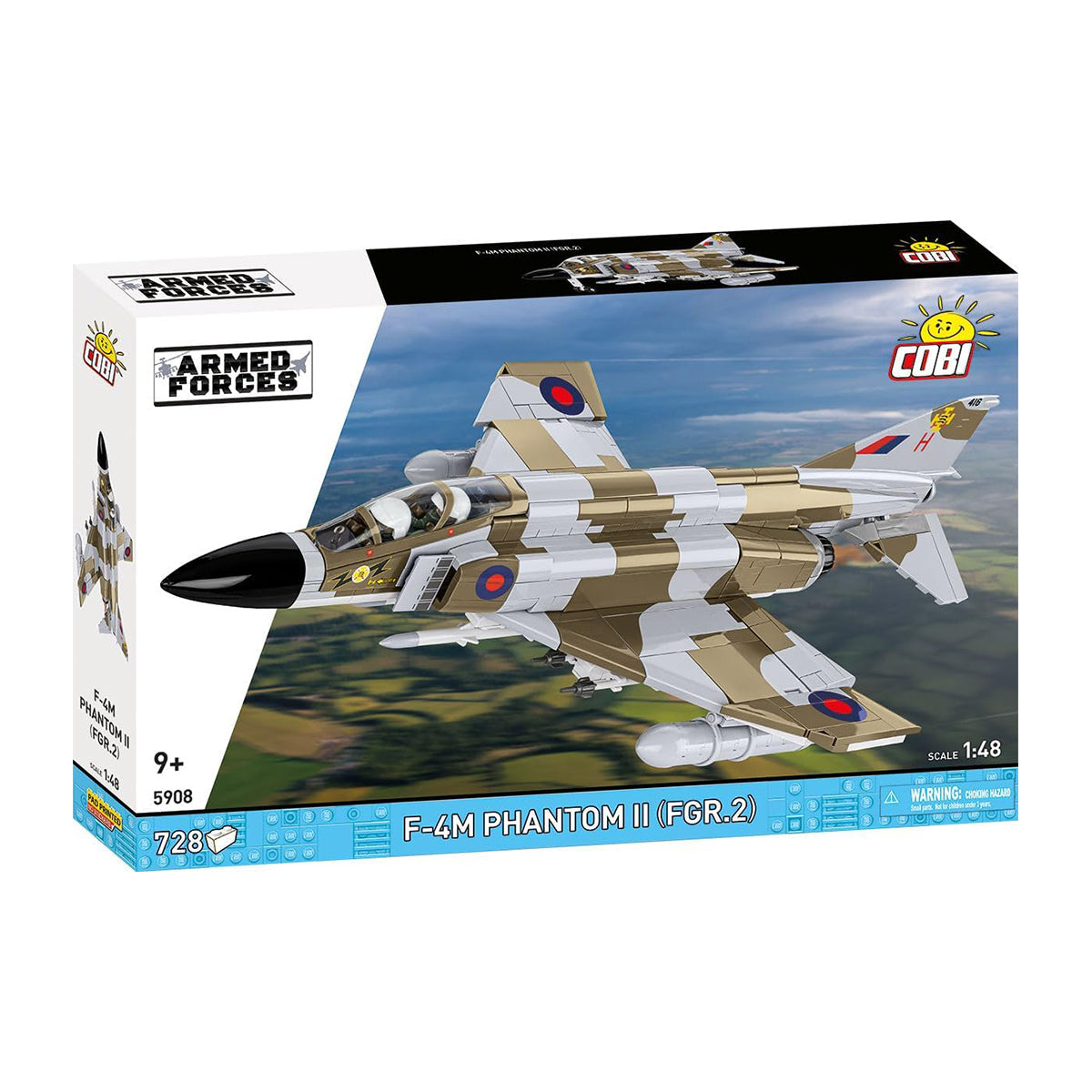 Box of a BOEING COBI F-4M Phantom II aircraft set—728 pieces, ages 9+—depicting the British jet flying over a landscape on the packaging.