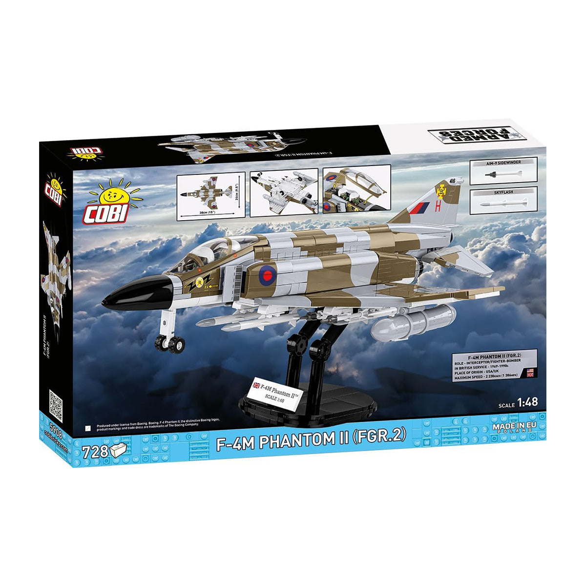 Box for the BOEING COBI F-4M Phantom II construction set, featuring a British camouflage model displayed on a stand, with product details and images shown on the packaging.