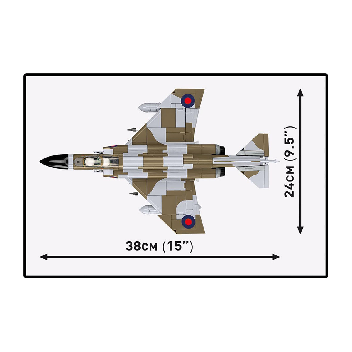 Top view of the COBI F-4M Phantom II by BOEING, featuring camouflage and a British roundel. The model measures 38 cm (15 in) long and 24 cm (9.5 in) wide.