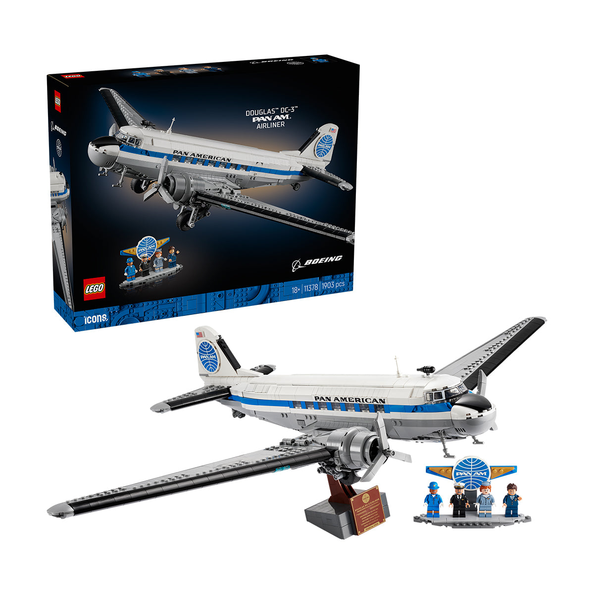 The LEGO® Boeing Douglas DC-3 PAN AM Airliner set by BOEING includes an authentic airliner model, display stand with plaque, four uniformed minifigures, and the product box shown in the background.