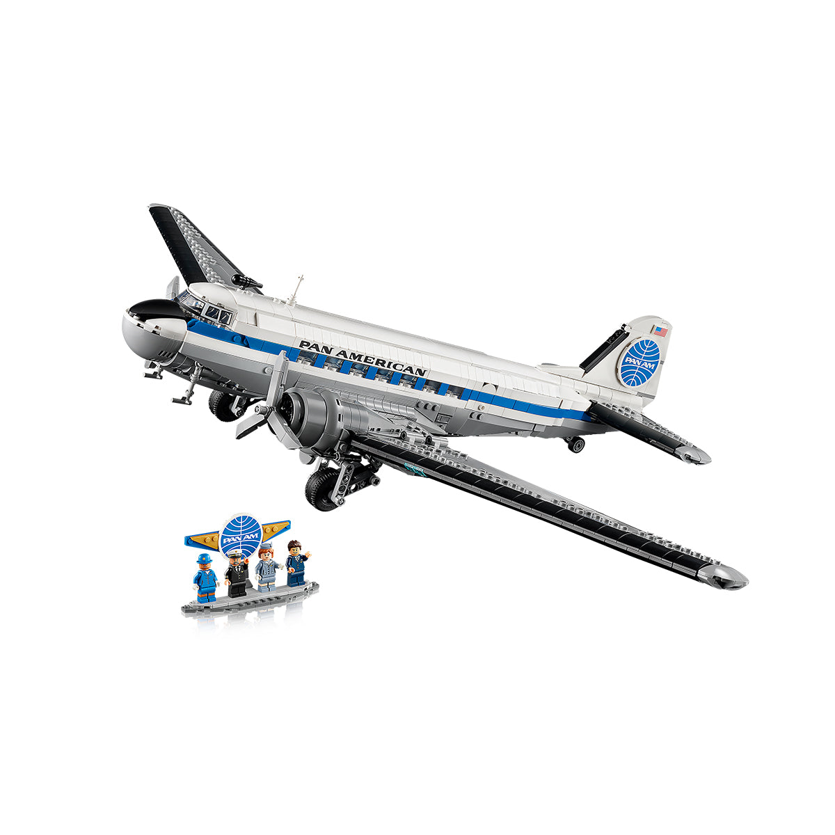 The LEGO® Boeing Douglas DC-3 PAN AM Airliner by BOEING features a detailed vintage aircraft design, four minifigures in blue uniforms, and a Pan Am sign—an ideal addition to any airplane model kit collection.