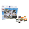 The BOEING Boeing WWII Playset includes a die-cast airplane, tank, jeep, and road signs. Three vehicles and signs are displayed outside the box, which features a blue sky and clouds design for this educational toy set.