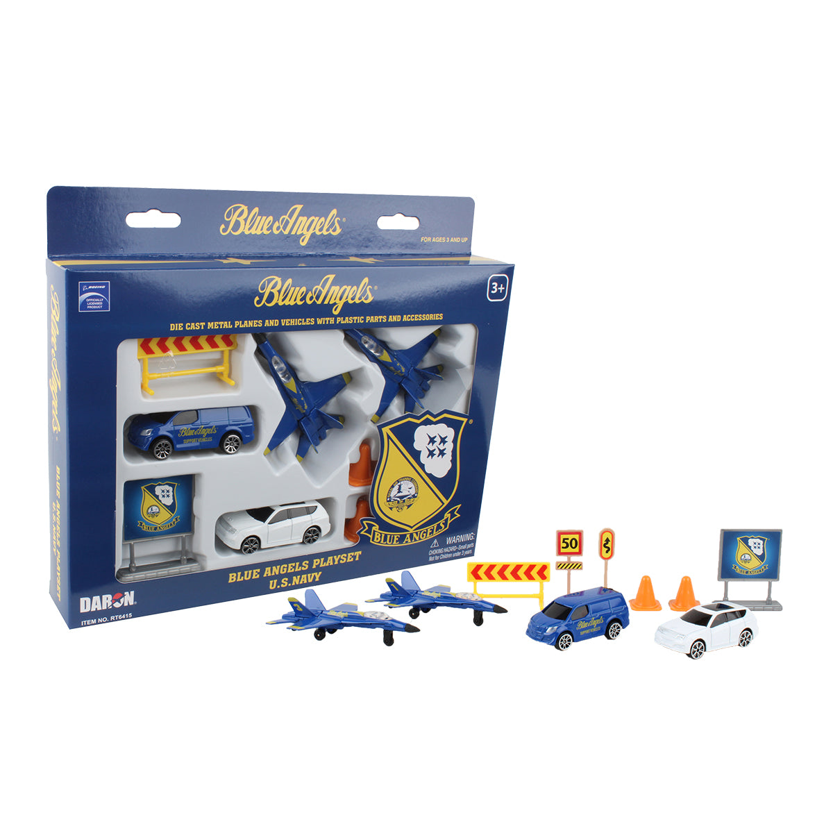 The BOEING Blue Angels Playset includes die-cast jets, vehicles, road signs, cones, and a display stand. Features two jets and two cars outside the box. Perfect military toy for ages 3+.