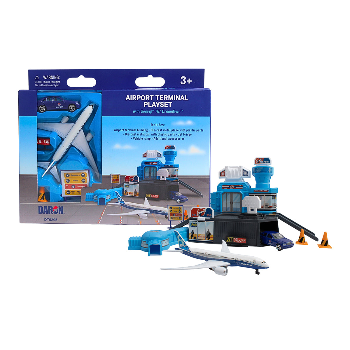 The BOEING Airport Terminal Playset includes a die-cast 787 Dreamliner, car, signs, cones, and terminal building. Packaging shows all pieces in a realistic airport scene. Suitable for ages 3+.