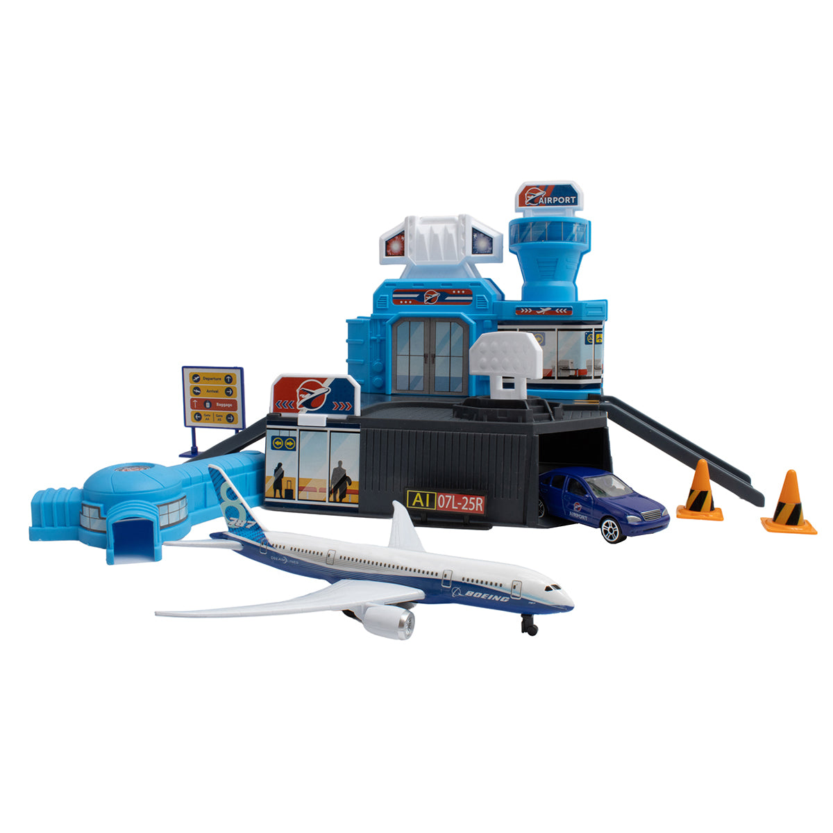 The BOEING Airport Terminal Playset includes a blue terminal, control tower, signs, traffic cones, a die-cast 787 Dreamliner plane, blue car, and parking area—all displayed on a white background.