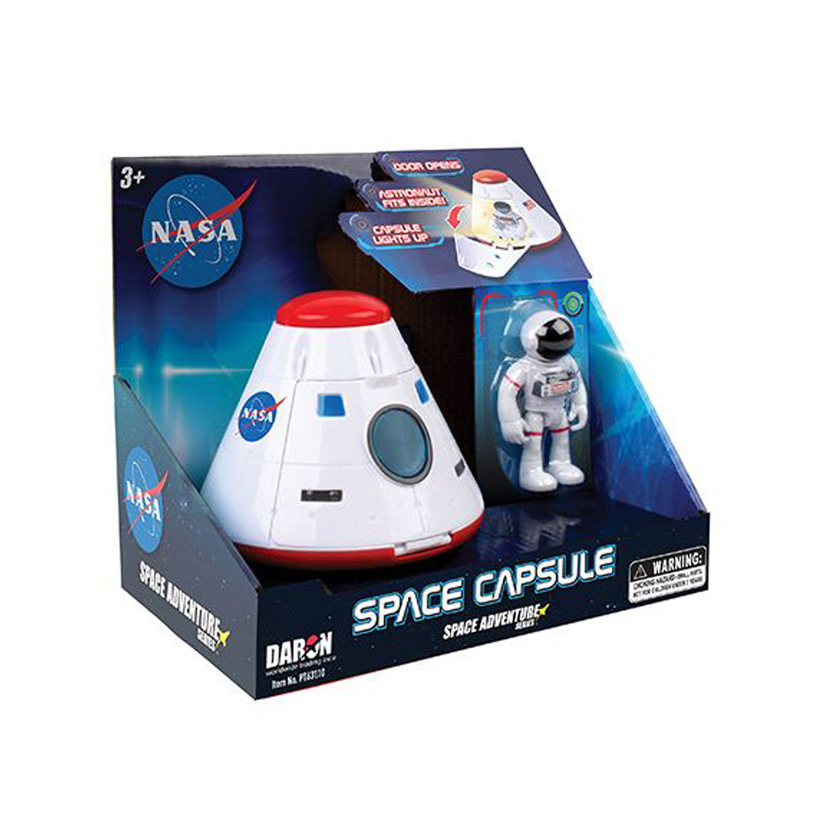 The BOEING NASA Space Adventure Space Capsule toy set includes a white capsule with red and blue details and a white astronaut figure. Packaged in space-themed box, labeled "NASA Space Adventure Space Capsule." For ages 3+.