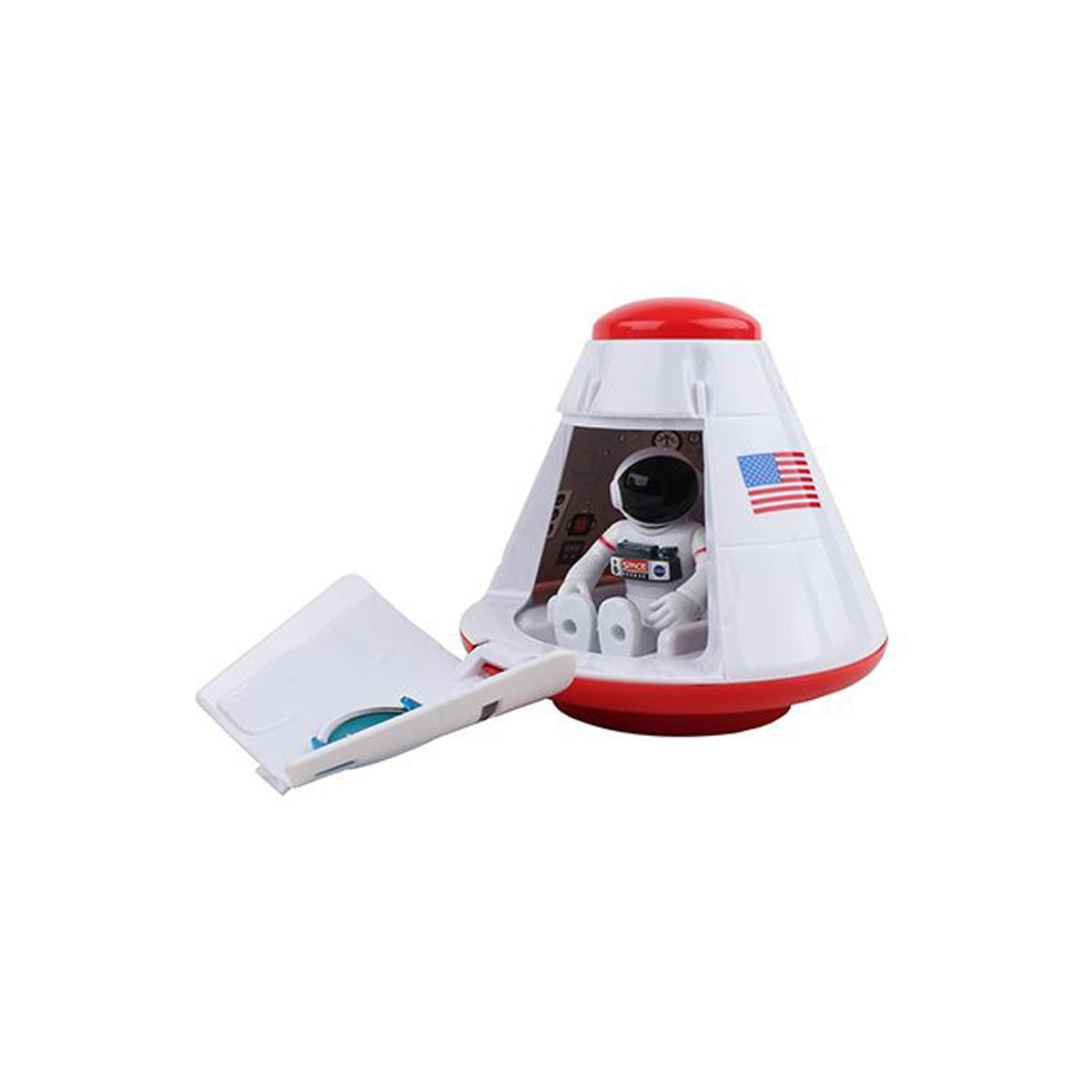 The BOEING NASA Space Adventure Space Capsule features a red and white design with an open hatch, a small astronaut figure inside, and a U.S. flag sticker—an exciting educational toy for aspiring young space explorers.
