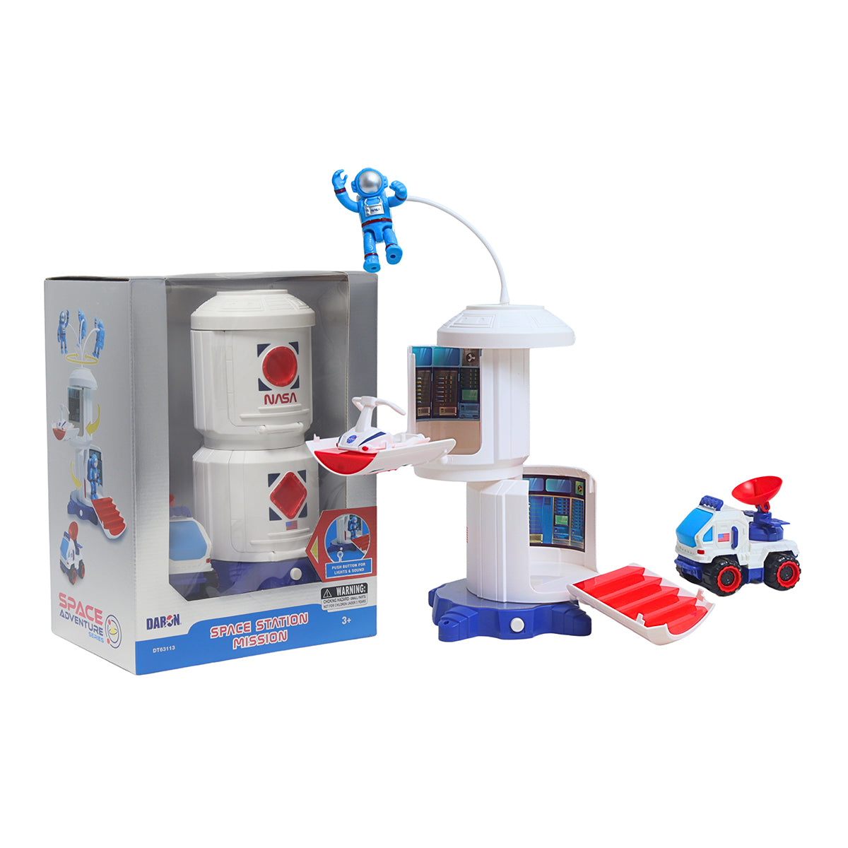 The BOEING NASA Space Adventure Space Capsule includes a white and blue capsule, astronaut figure, mini spaceship, blue and red rover, and box with assembled set—ideal as an educational toy for young space explorers.