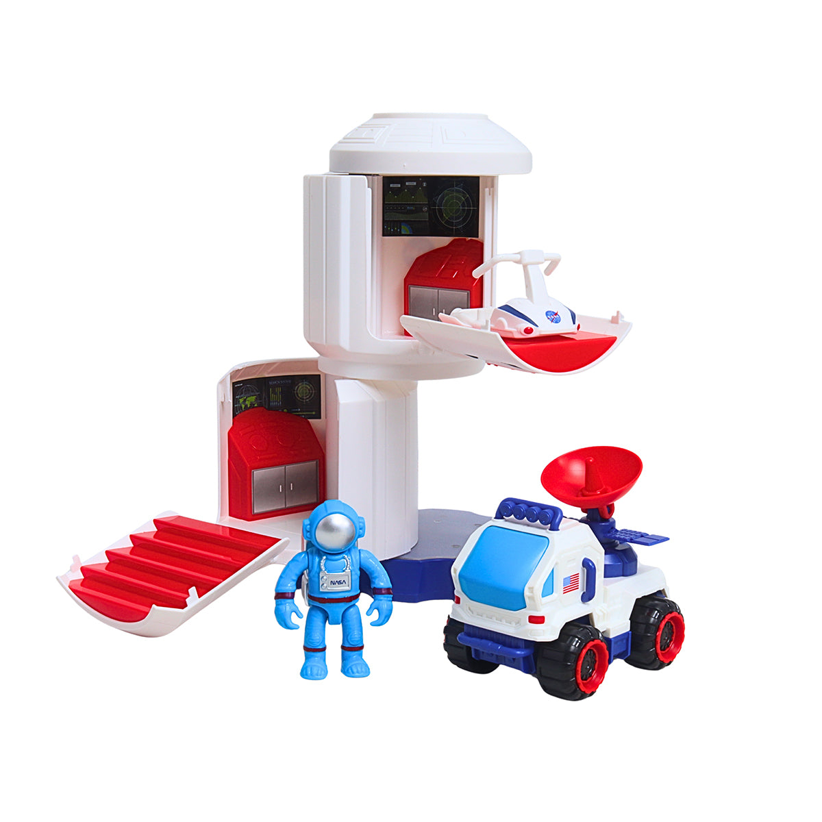The BOEING NASA Space Adventure Space Capsule includes a white and red capsule, blue astronaut figure, white rover with red wheels and a satellite dish, plus a mini spaceship—perfect for inspiring young space explorers.