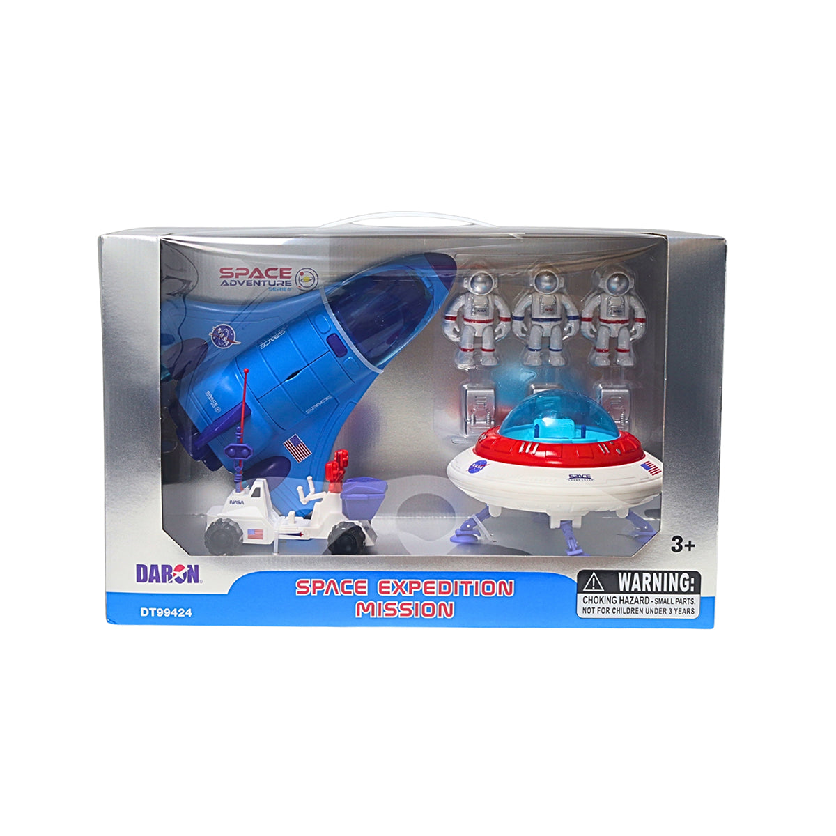 The BOEING NASA Space Adventure Space Bundle includes a blue rocket, white rover, UFO-style ship with blue dome, and four astronaut figures. For ages 3+. Choking hazard warning.
