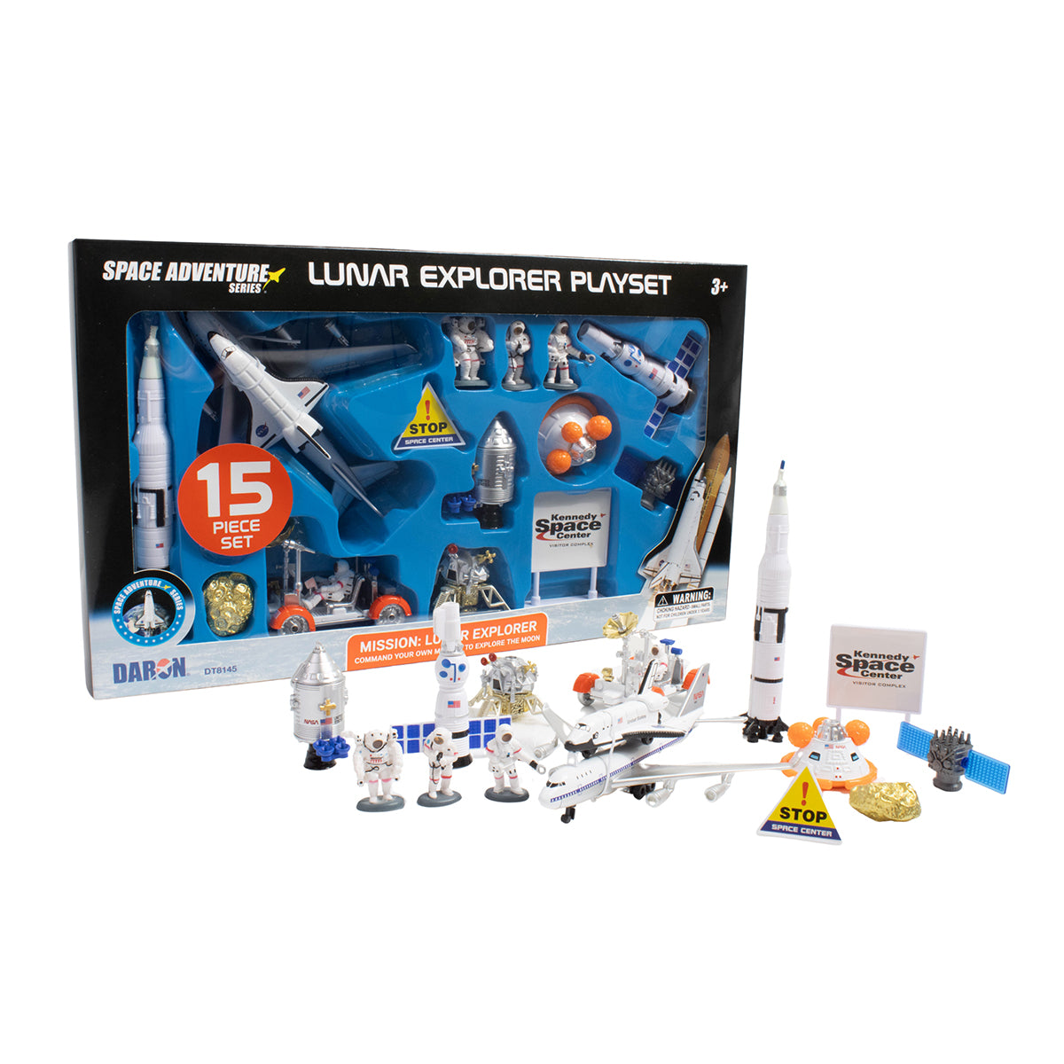 The BOEING Lunar Explorer Playset includes 15 space-themed toys—astronauts, rockets, vehicles, satellites, signs, and accessories—ideal for imaginative STEM play. Set is displayed inside and in front of vibrant packaging.