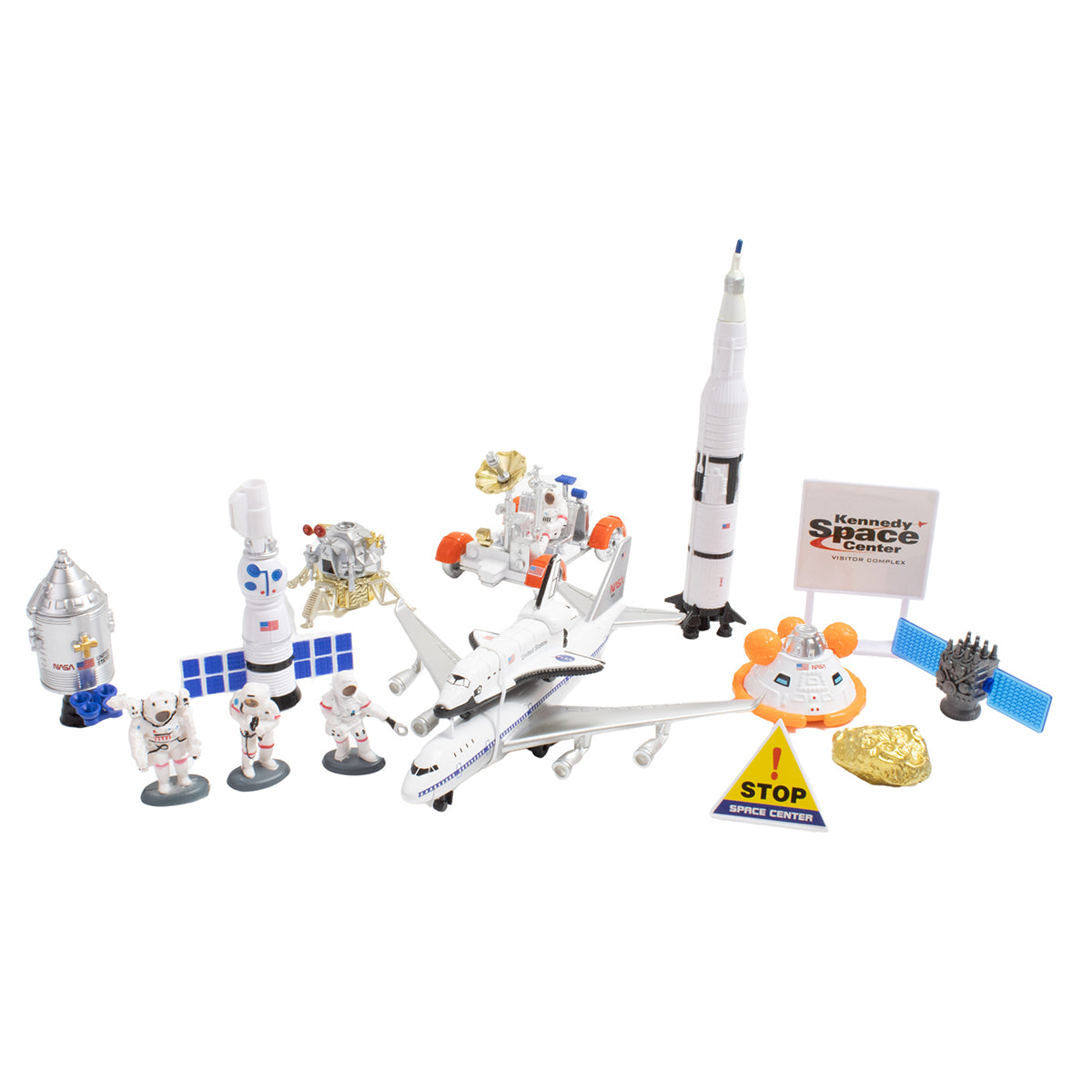 The BOEING Lunar Explorer Playset features NASA-inspired astronauts, rockets, shuttles, rovers, and Kennedy Space Center signs for imaginative STEM play—all arranged on a white background.