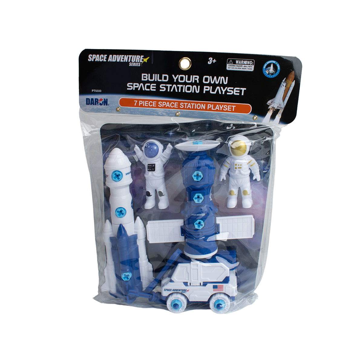 The BOEING Space Adventure Build Your Own Playset is a screen-free toy for ages 3+, including two astronauts, a rocket, space station, and rover vehicle—perfect for imaginative space adventures.