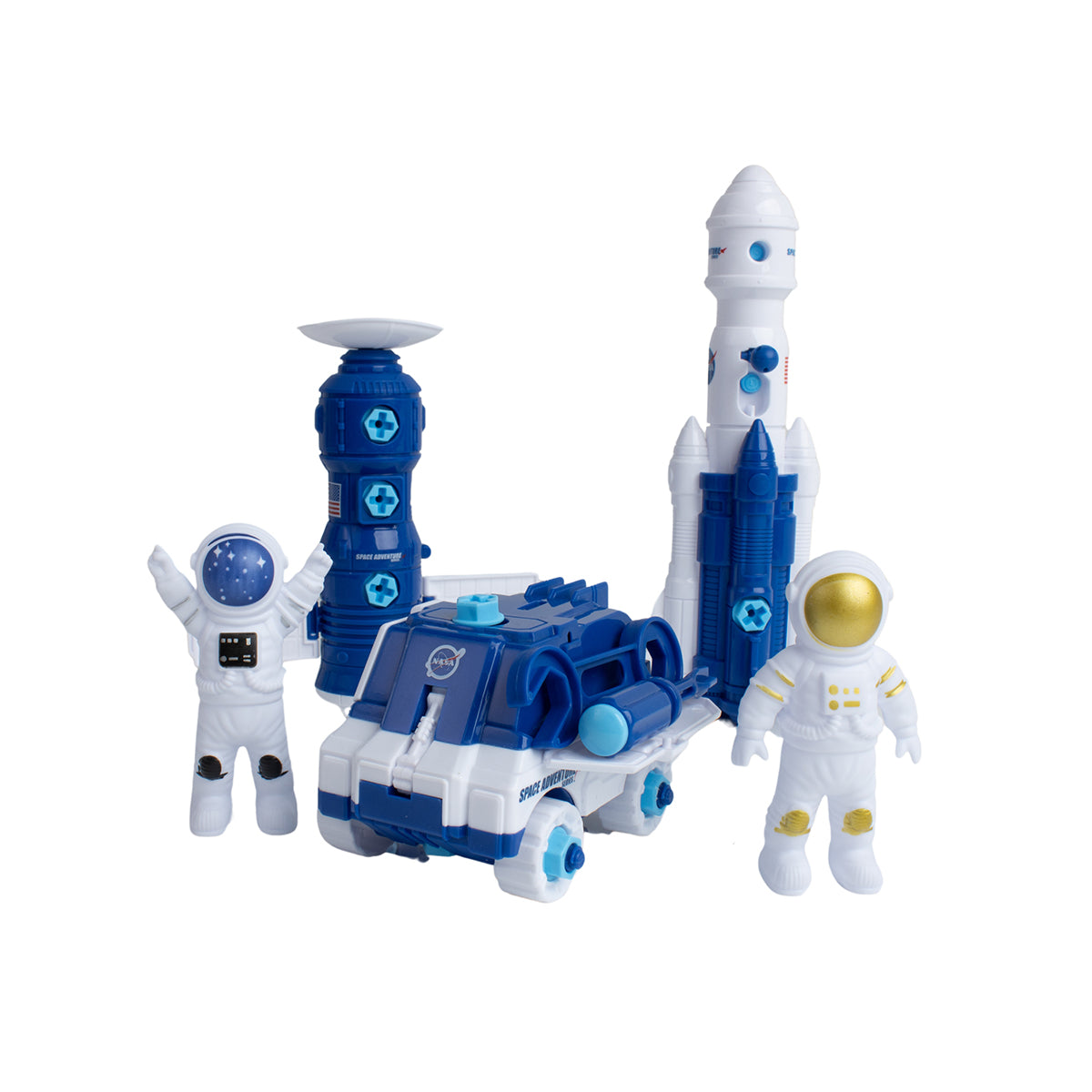 The BOEING Space Adventure Build Your Own Playset features two toy astronauts, a blue and white rover, a rocket, and a space station tower—ideal for screen-free, imaginative play with a space exploration theme.