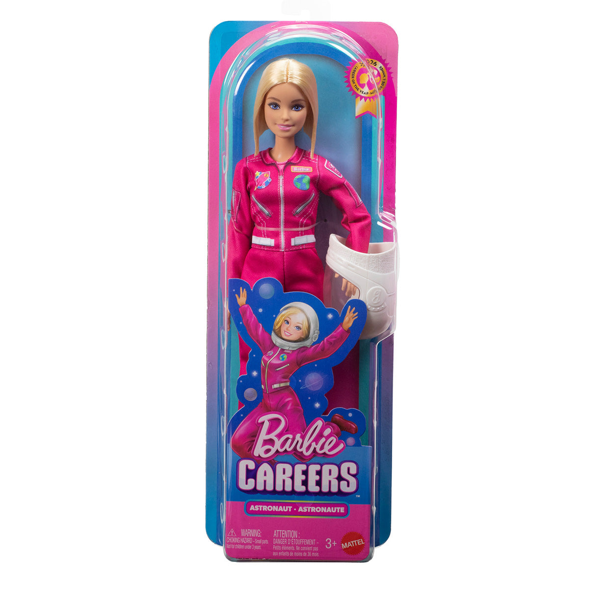 BOEING Barbie Astronaut Doll comes dressed in a pink spacesuit and includes a white astronaut helmet accessory, all packaged in a box featuring space-themed graphics. This inspiring STEM toy encourages young imaginations to explore space careers. Designed for ages 3 and up.